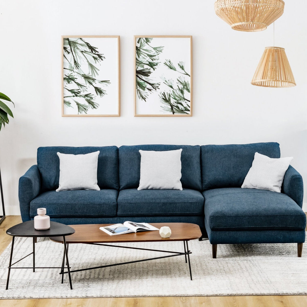 L-Shaped Sectional Fabric Sofa with Chaise - Navy 104"-Sofas & Loveseats-DECOROLALA