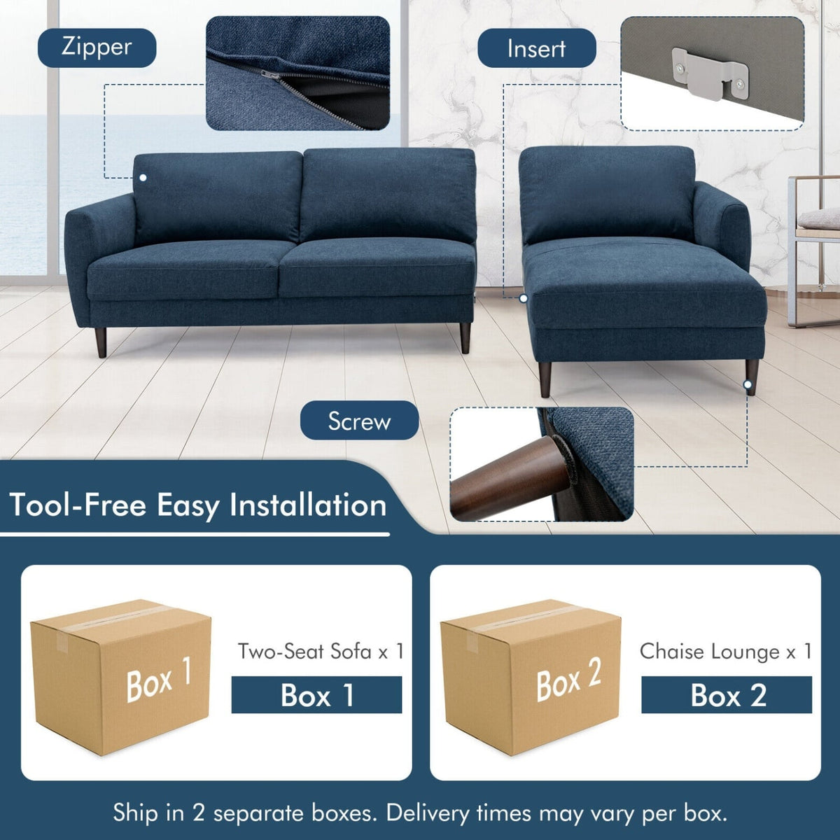 L-Shaped Sectional Fabric Sofa with Chaise - Navy 104"-Sofas & Loveseats-DECOROLALA