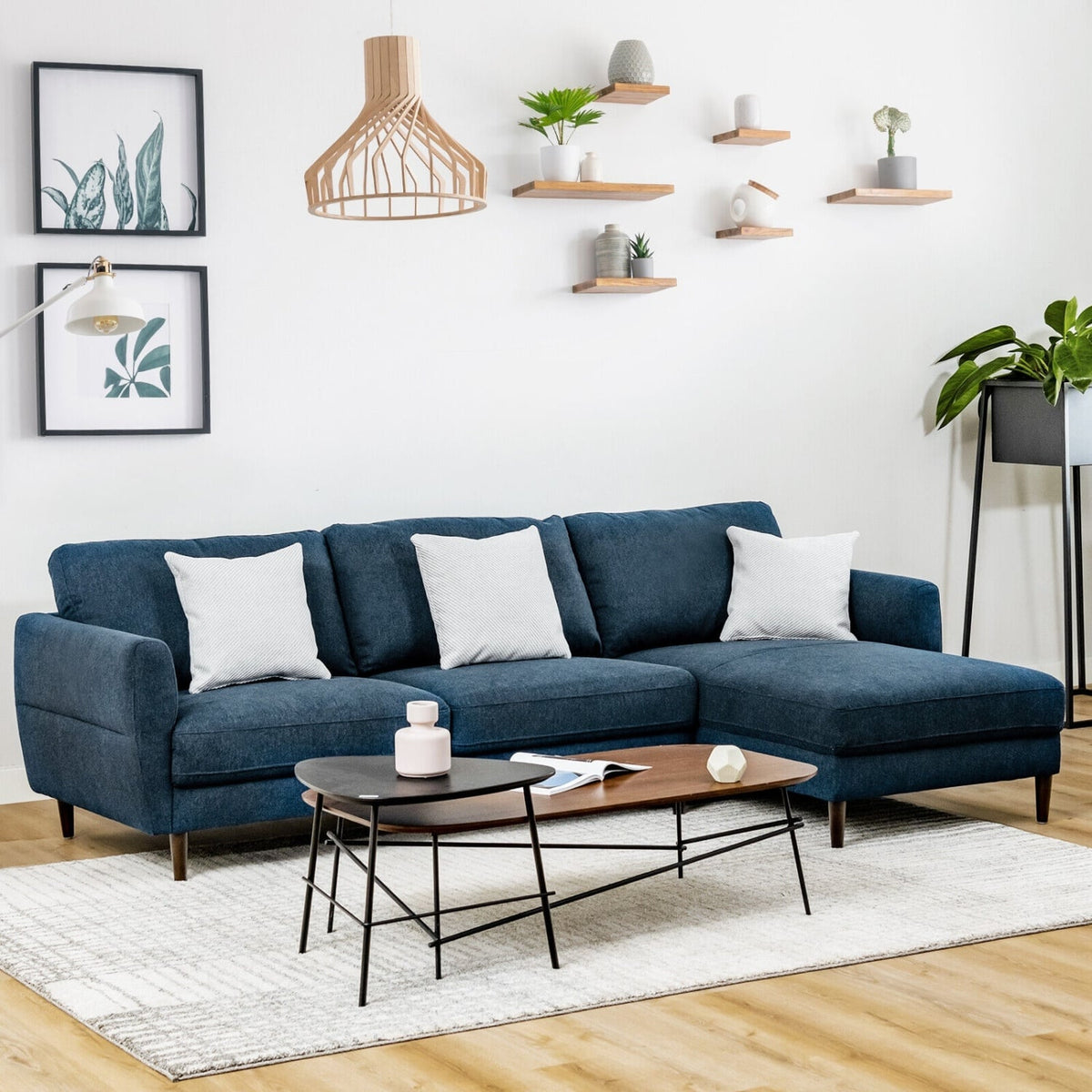 L-Shaped Sectional Fabric Sofa with Chaise - Navy 104"-Sofas & Loveseats-DECOROLALA