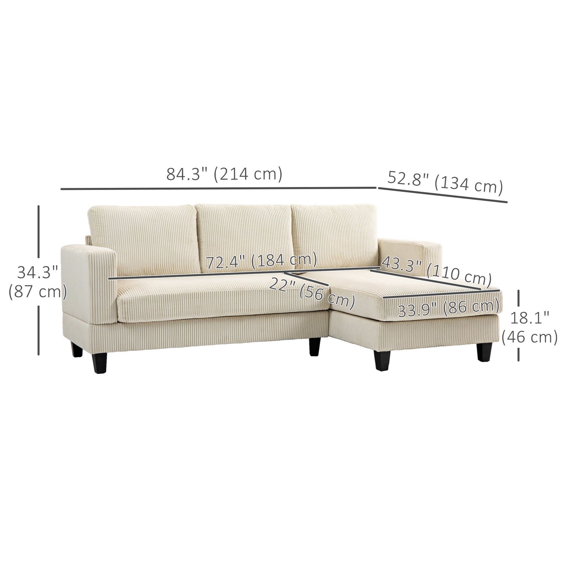 L-Shaped Sectional Sofa - Beige Corduroy with Chaise-DECOROLALA
