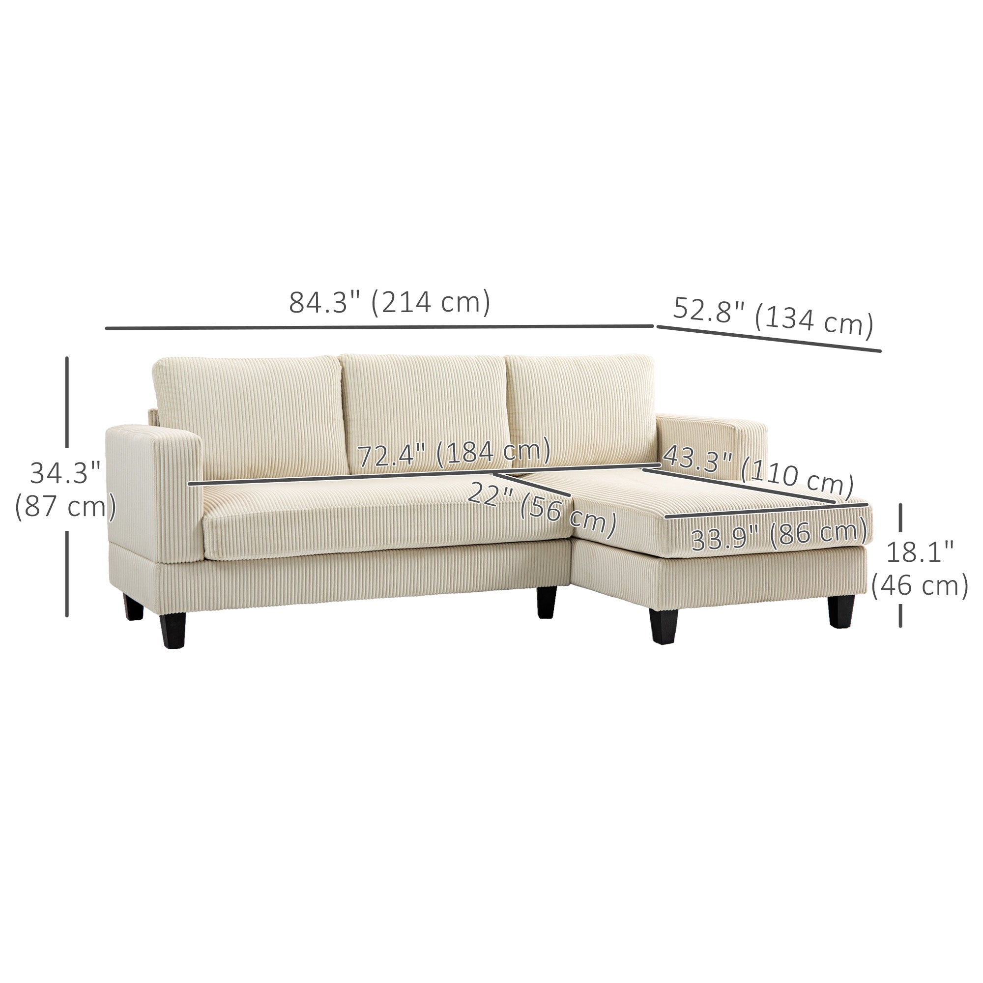 L-Shaped Sectional Sofa - Beige Corduroy with Chaise-DECOROLALA
