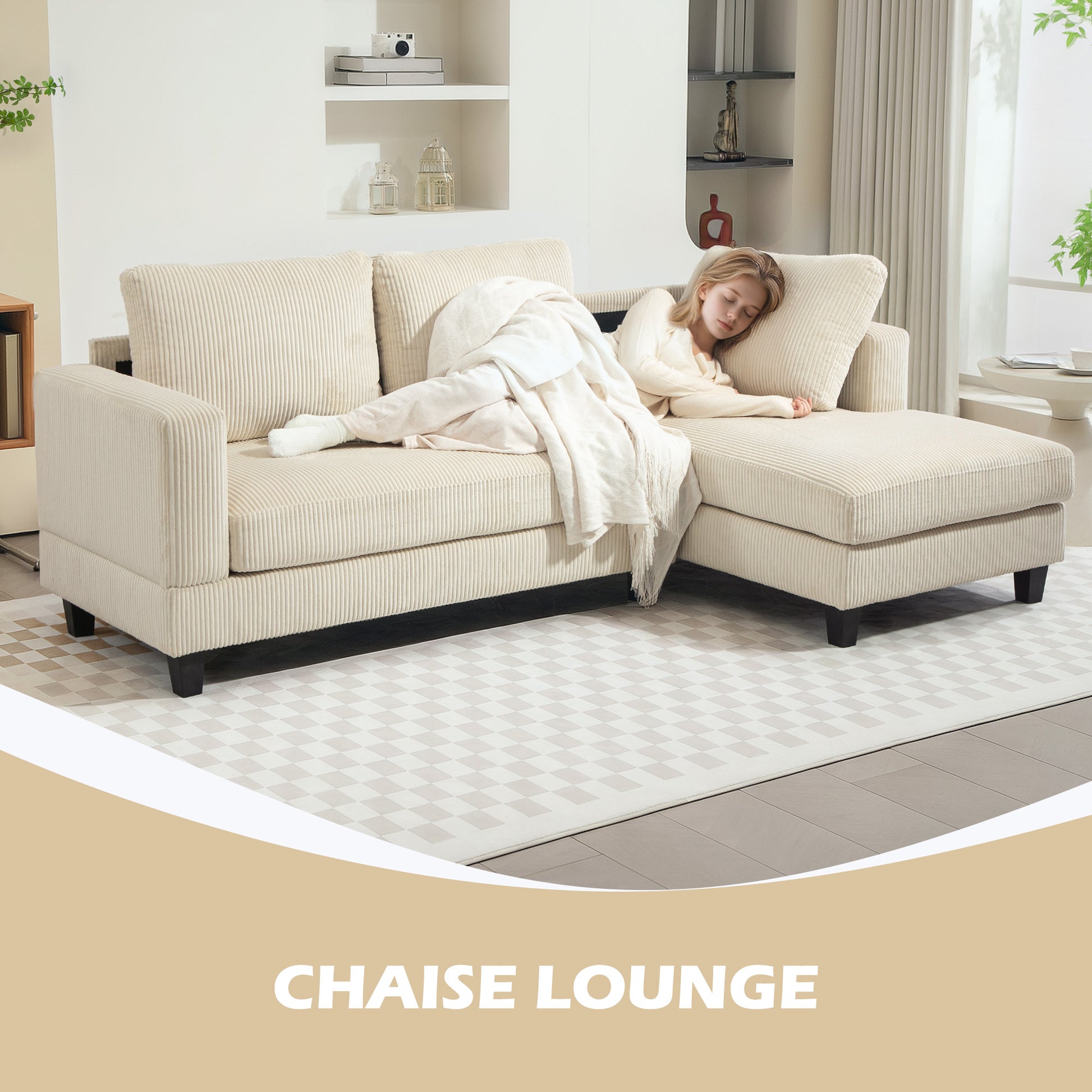 L-Shaped Sectional Sofa - Beige Corduroy with Chaise-DECOROLALA