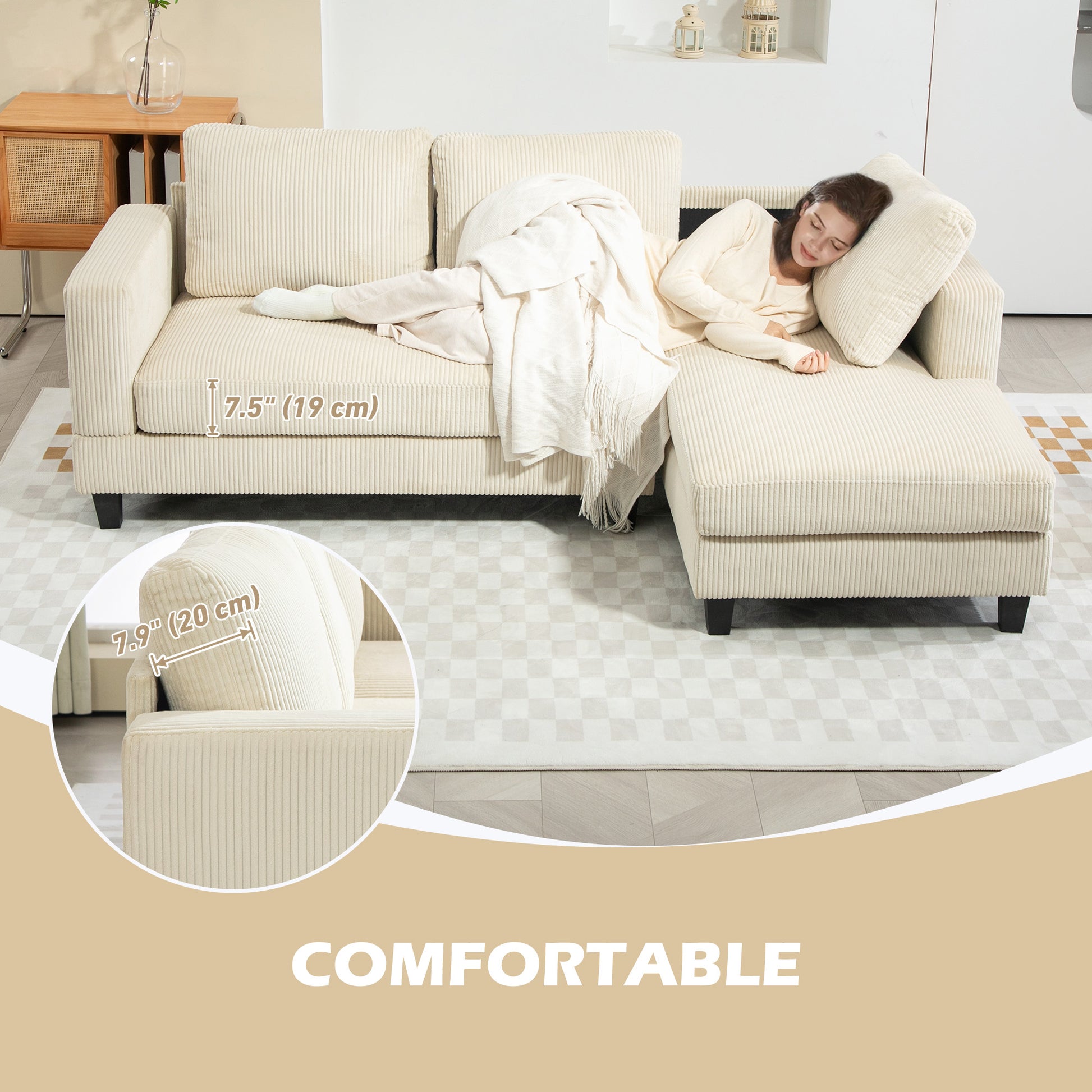 L-Shaped Sectional Sofa - Beige Corduroy with Chaise-DECOROLALA