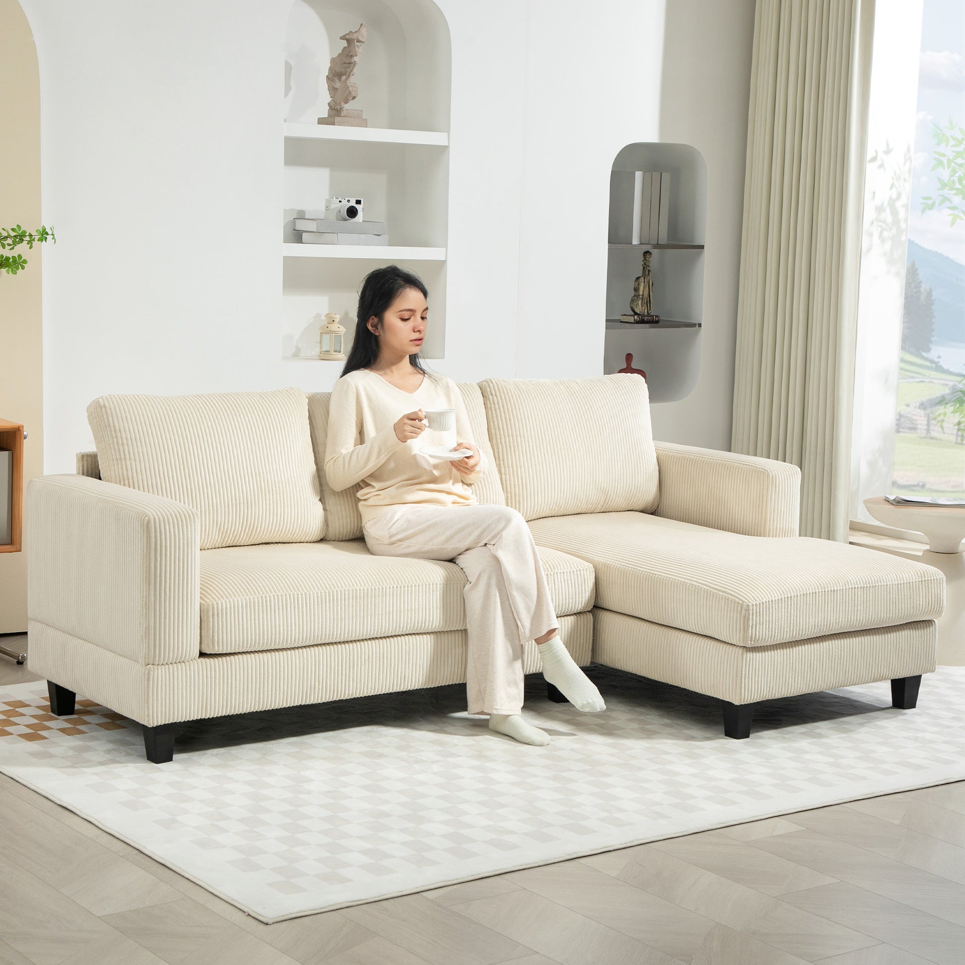 L-Shaped Sectional Sofa - Beige Corduroy with Chaise-DECOROLALA