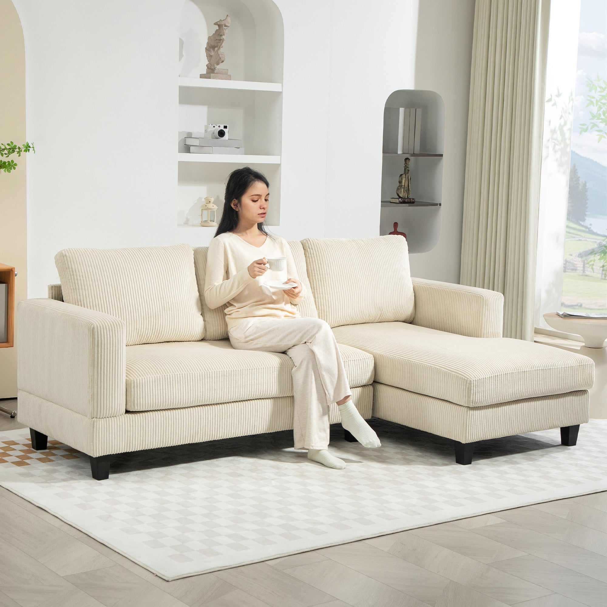 L-Shaped Sectional Sofa - Beige Corduroy with Chaise-DECOROLALA