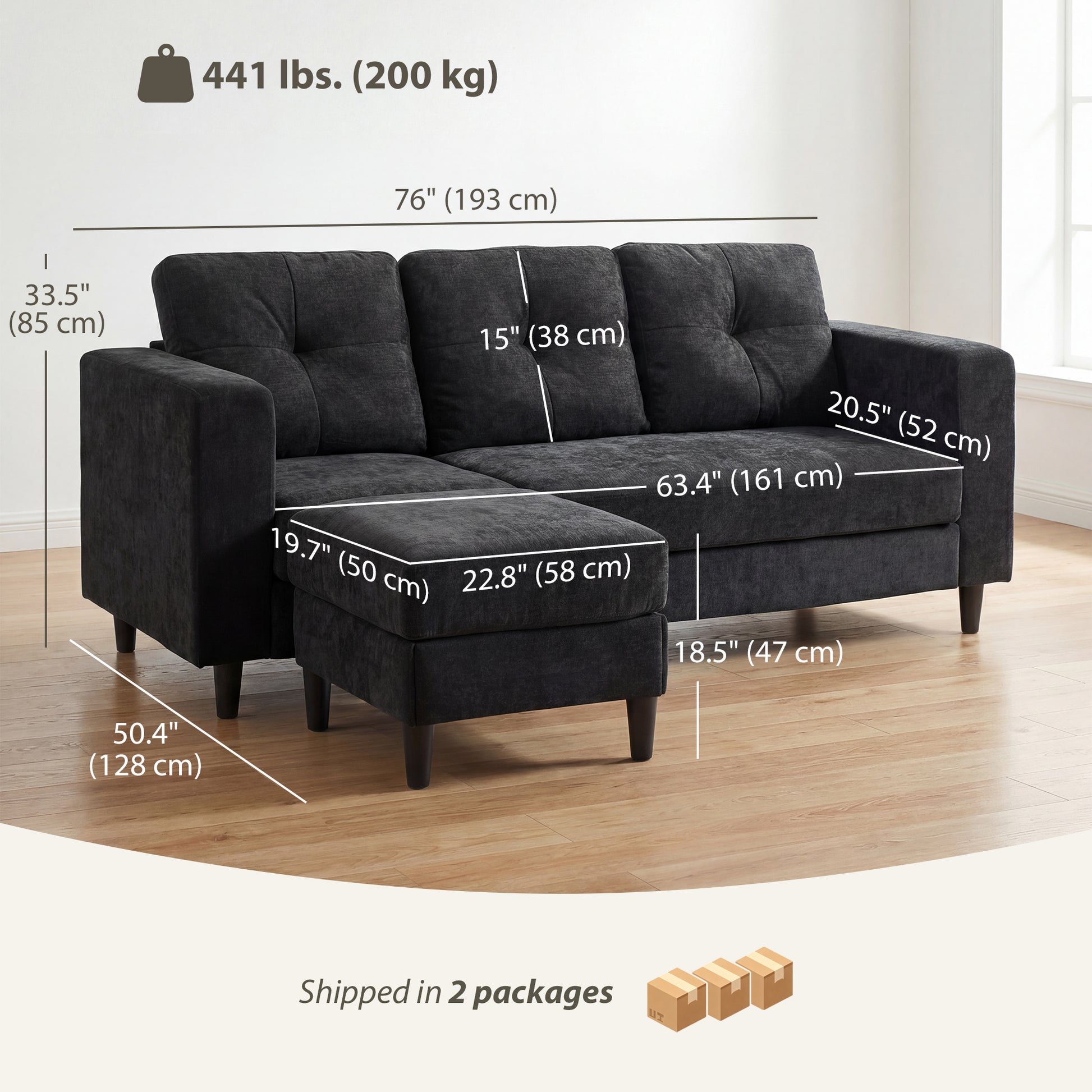 L Shaped Sectional Sofa Chaise Black 76"-DECOROLALA