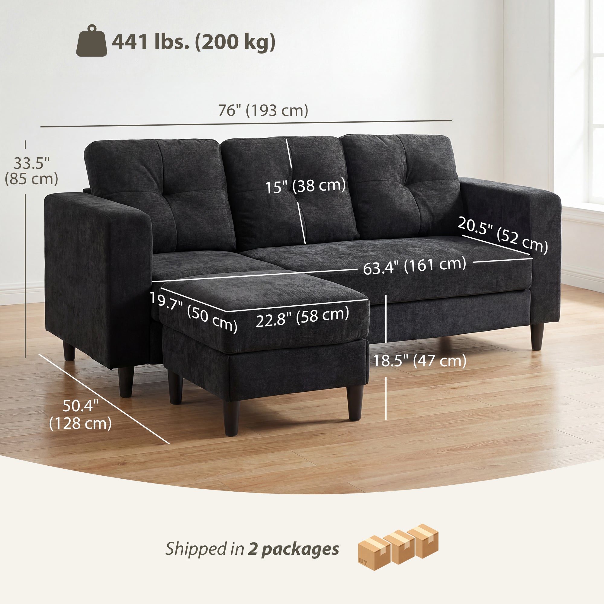 L Shaped Sectional Sofa Chaise Black 76"-DECOROLALA