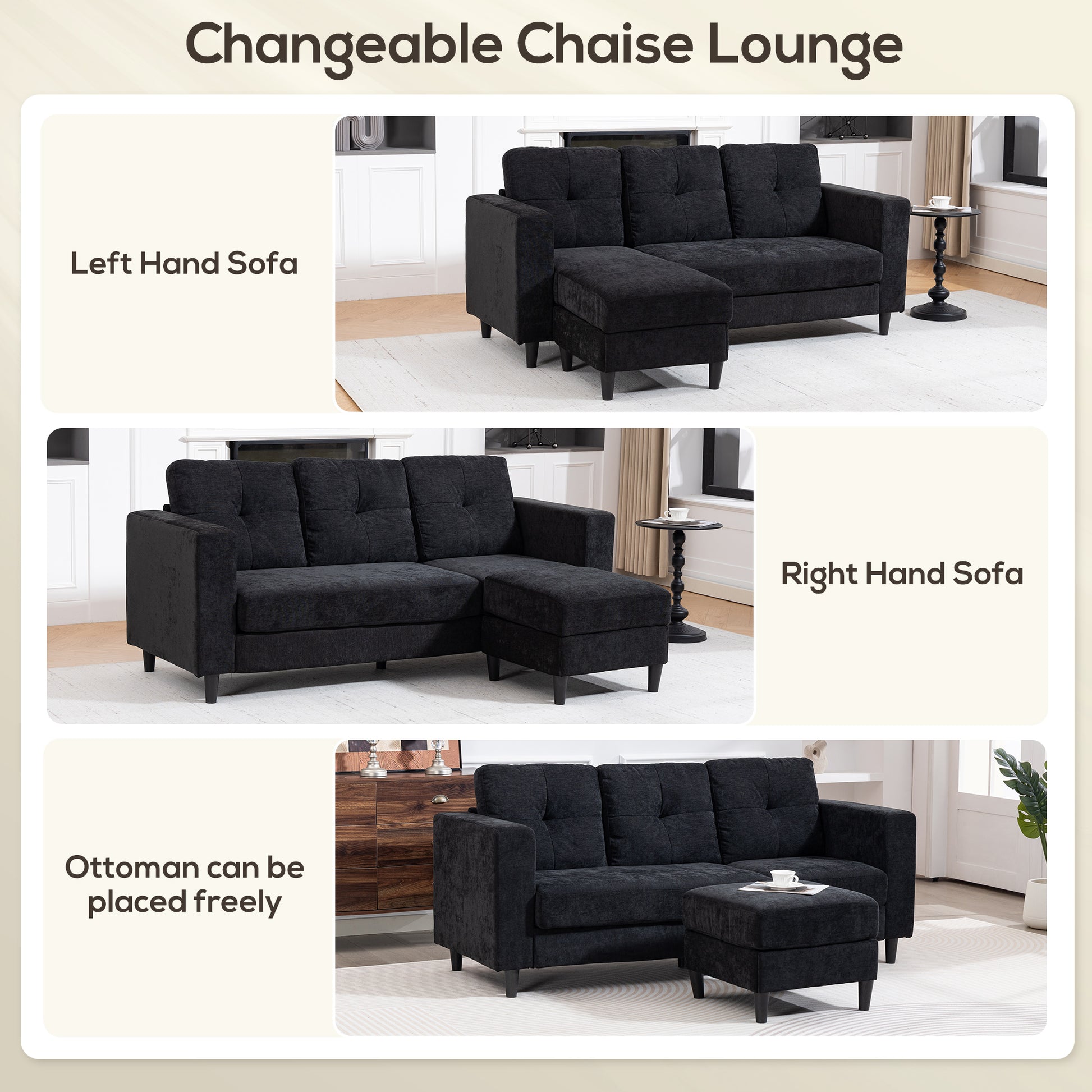 L Shaped Sectional Sofa Chaise Black 76"-DECOROLALA