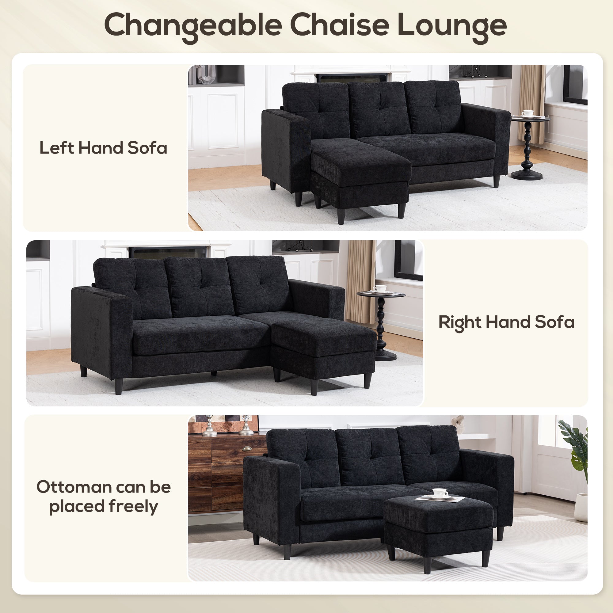 L Shaped Sectional Sofa Chaise Black 76"-DECOROLALA