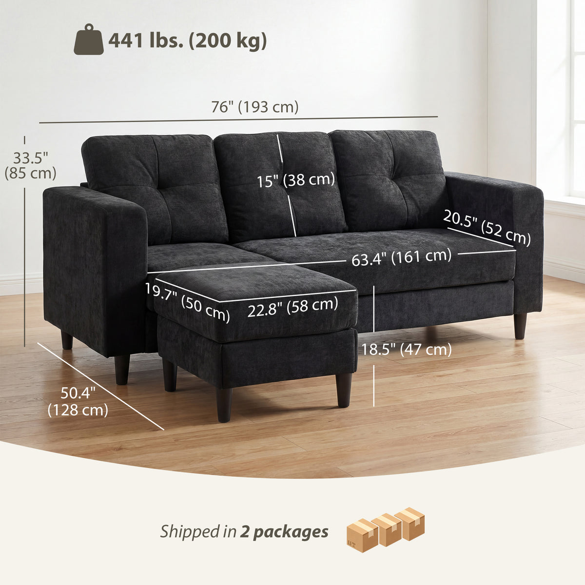 L Shaped Sectional Sofa Chaise Black 76"-DECOROLALA
