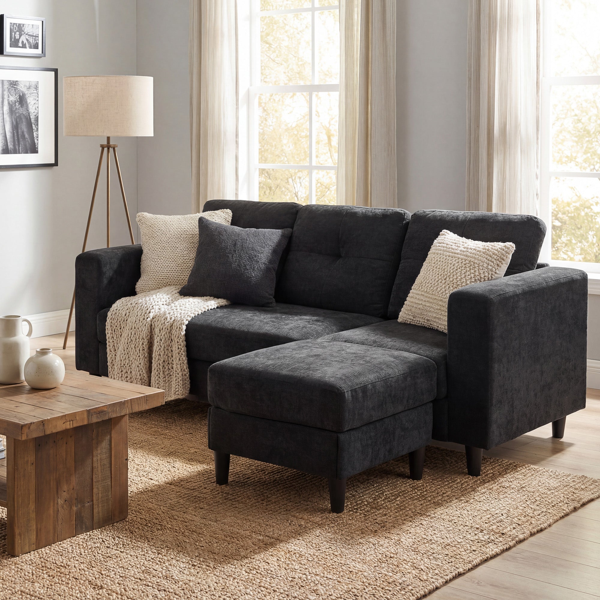 L Shaped Sectional Sofa Chaise Black 76"-DECOROLALA