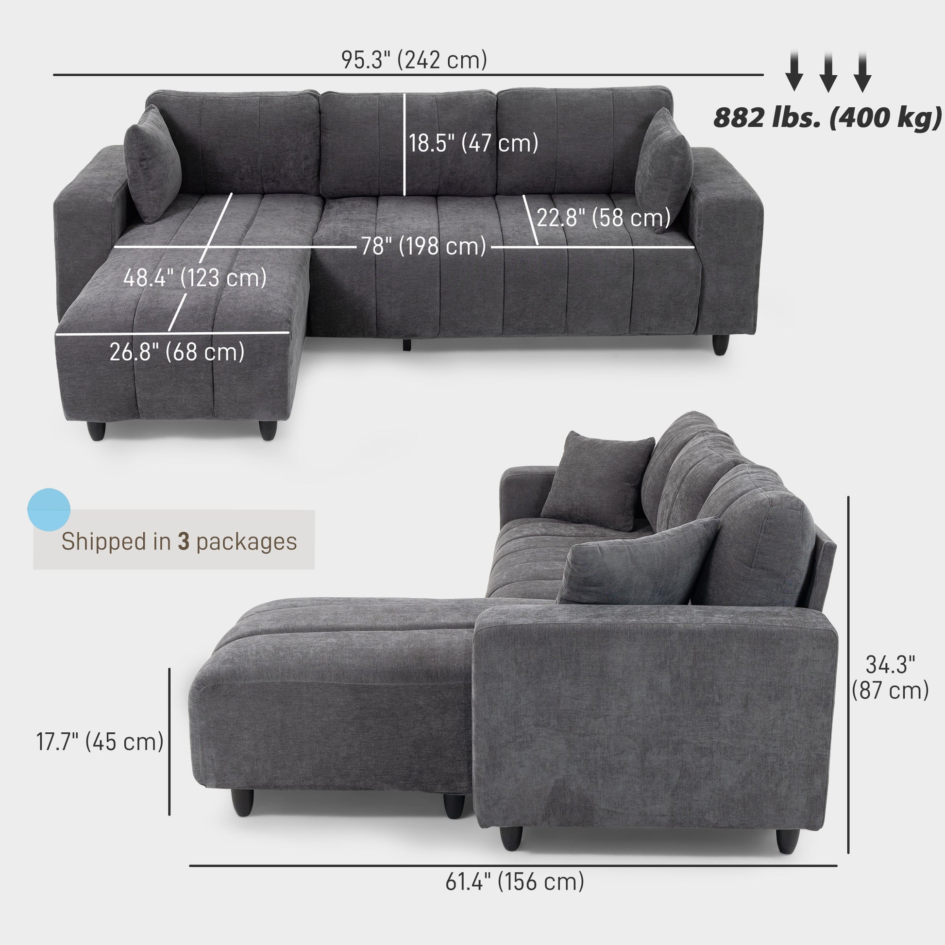 L-Shaped Sectional Sofa Charcoal Grey Chaise-DECOROLALA