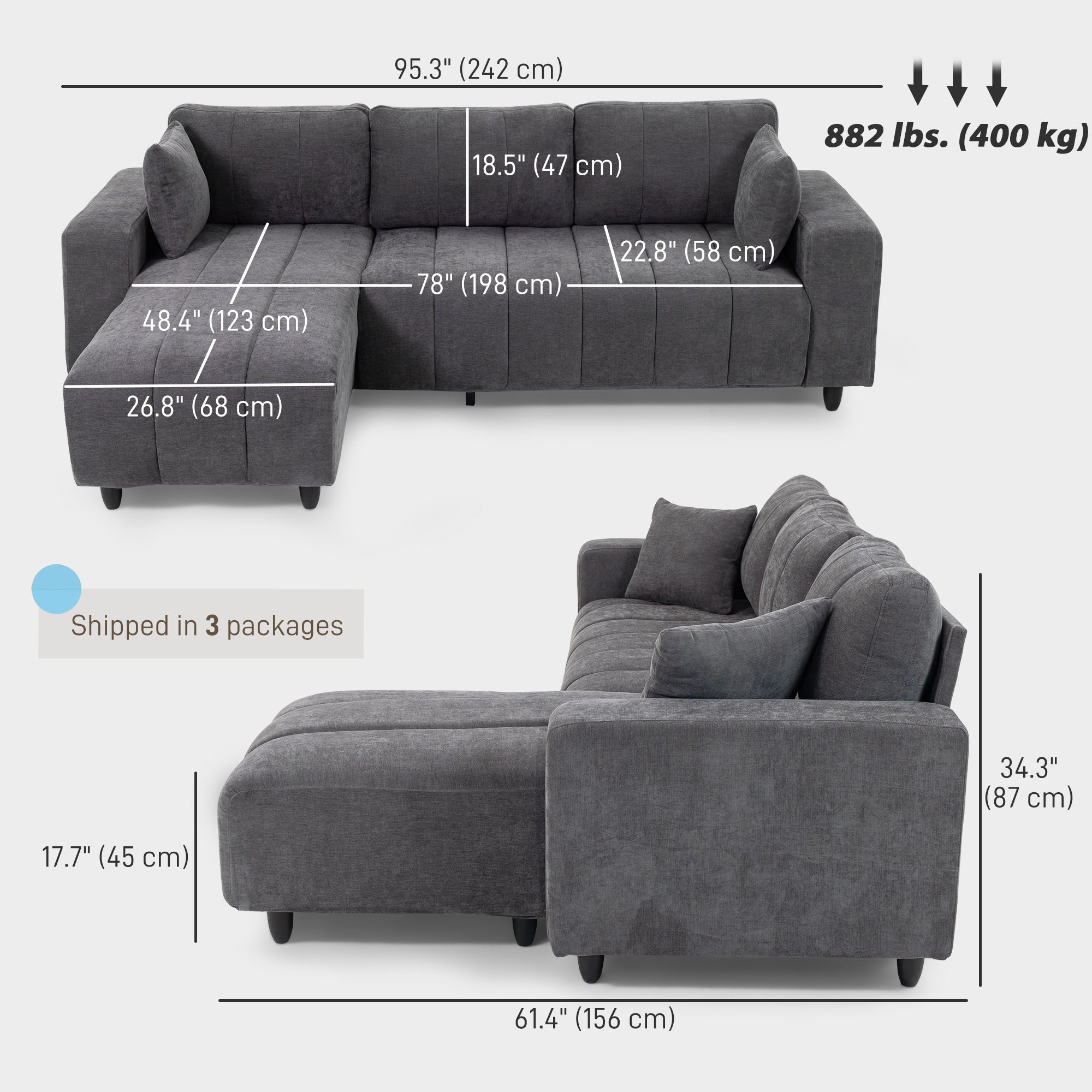 L-Shaped Sectional Sofa Charcoal Grey Chaise-DECOROLALA