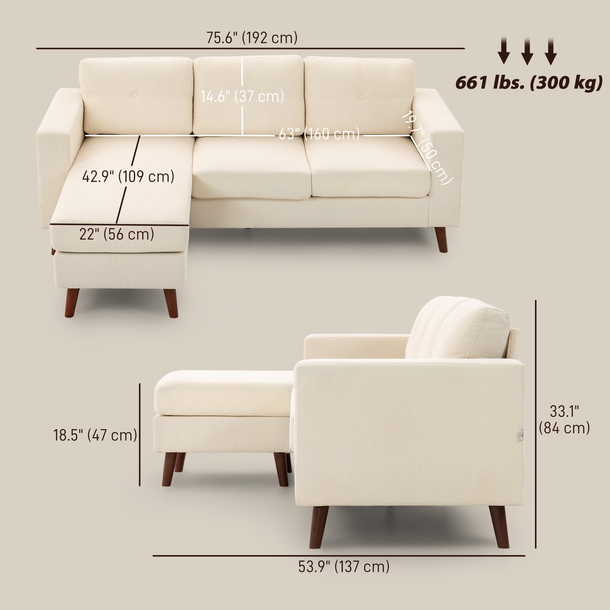 L-Shaped Sectional Sofa Convertible Chaise Cream-DECOROLALA