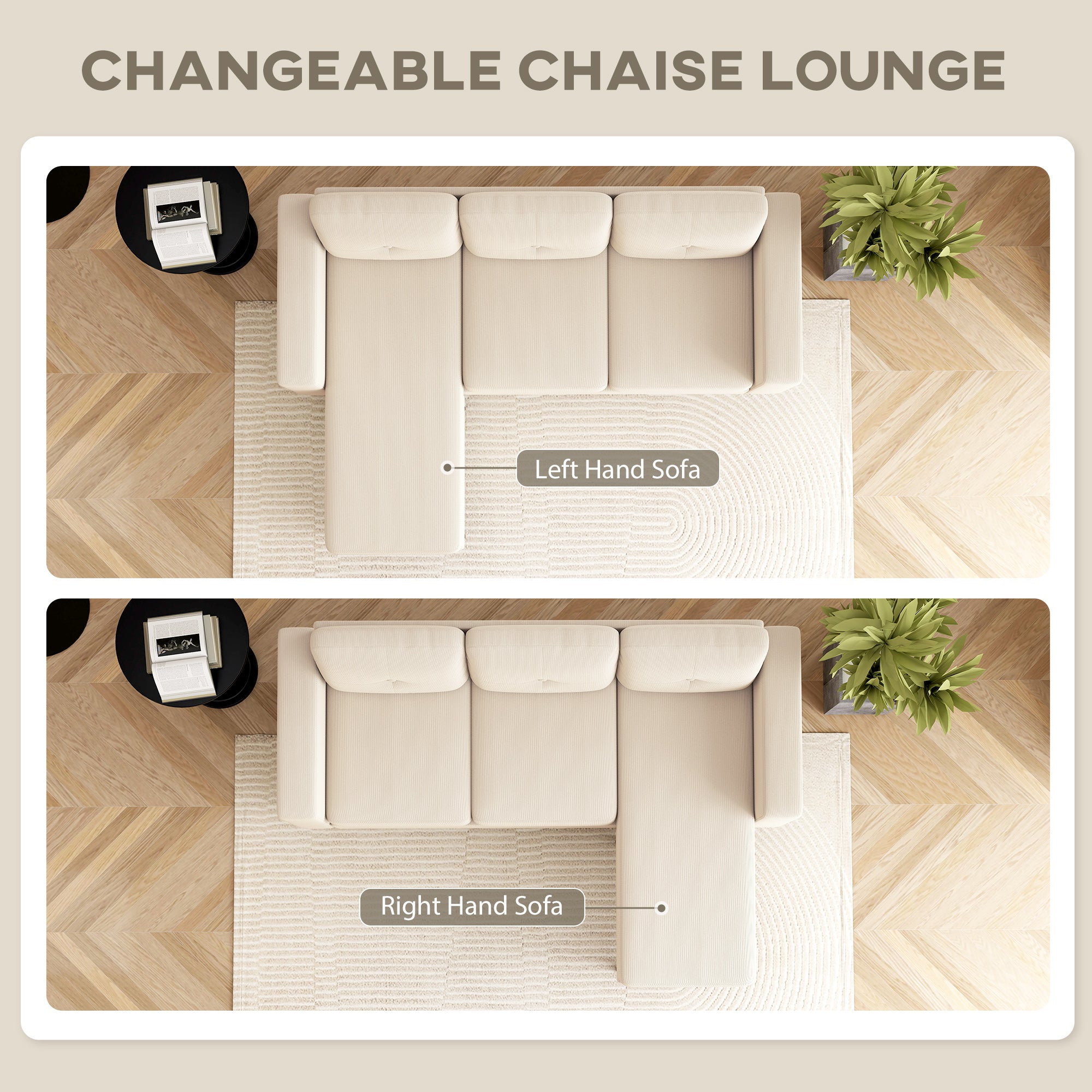 L-Shaped Sectional Sofa Convertible Chaise Cream-DECOROLALA