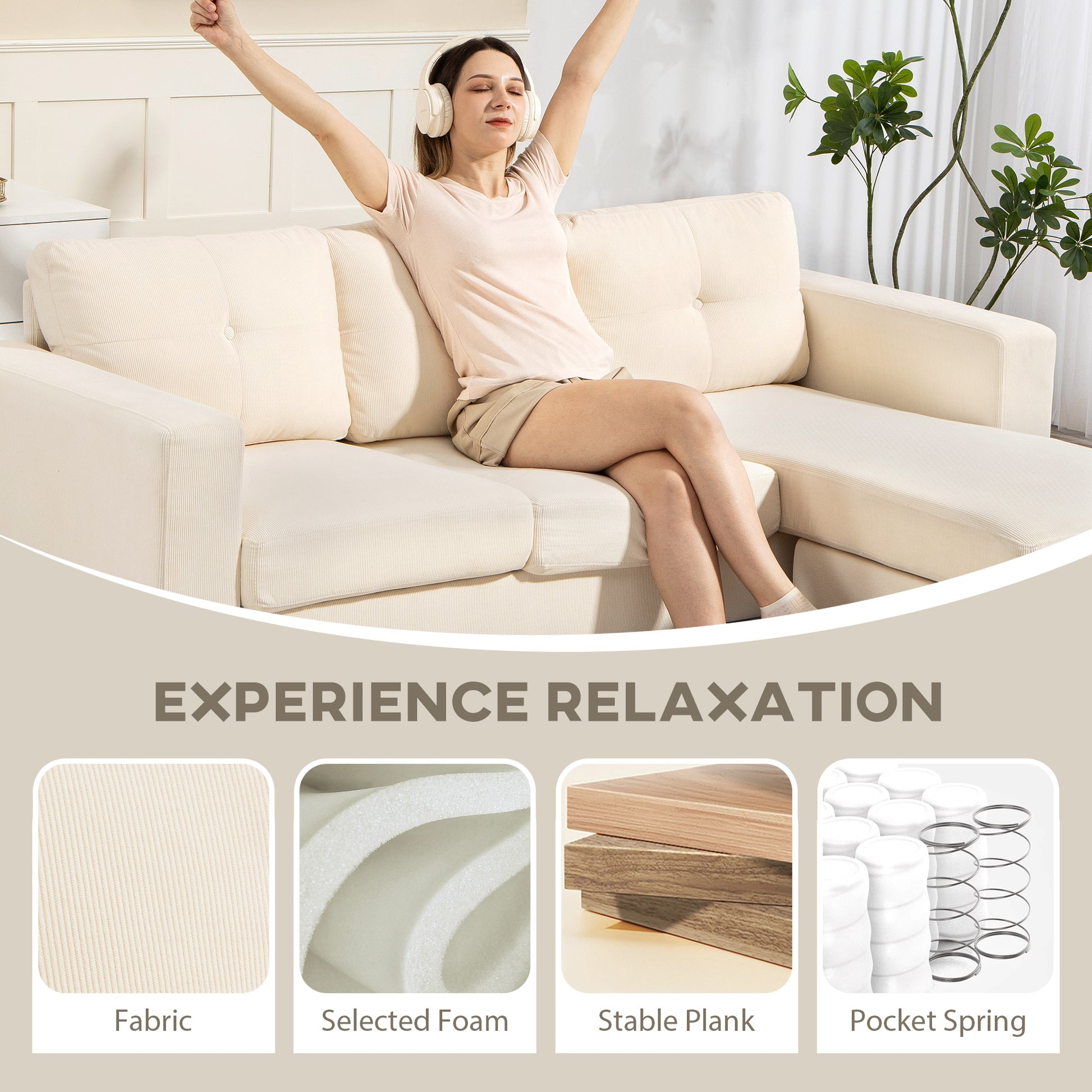 L-Shaped Sectional Sofa Convertible Chaise Cream-DECOROLALA