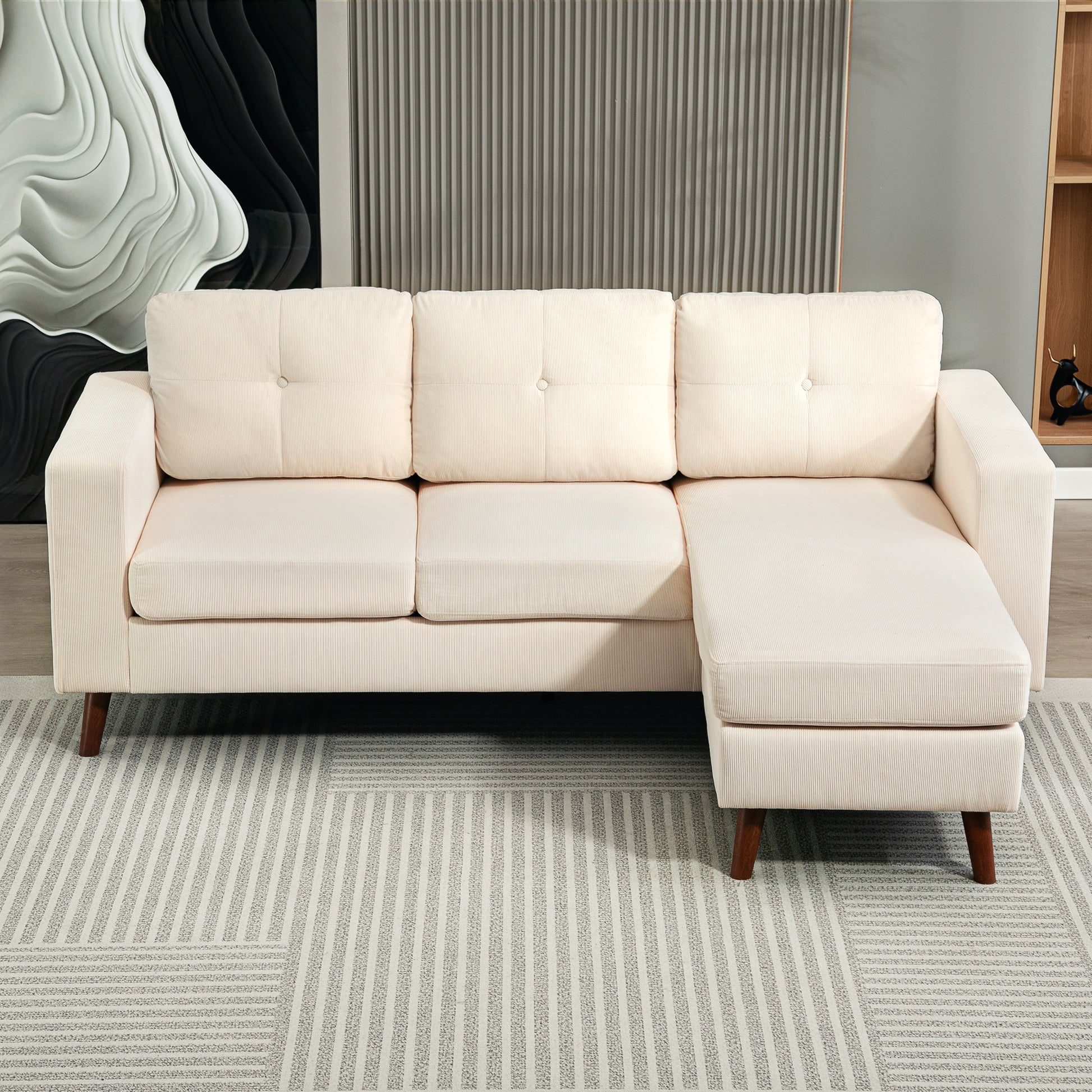 L-Shaped Sectional Sofa Convertible Chaise Cream-DECOROLALA