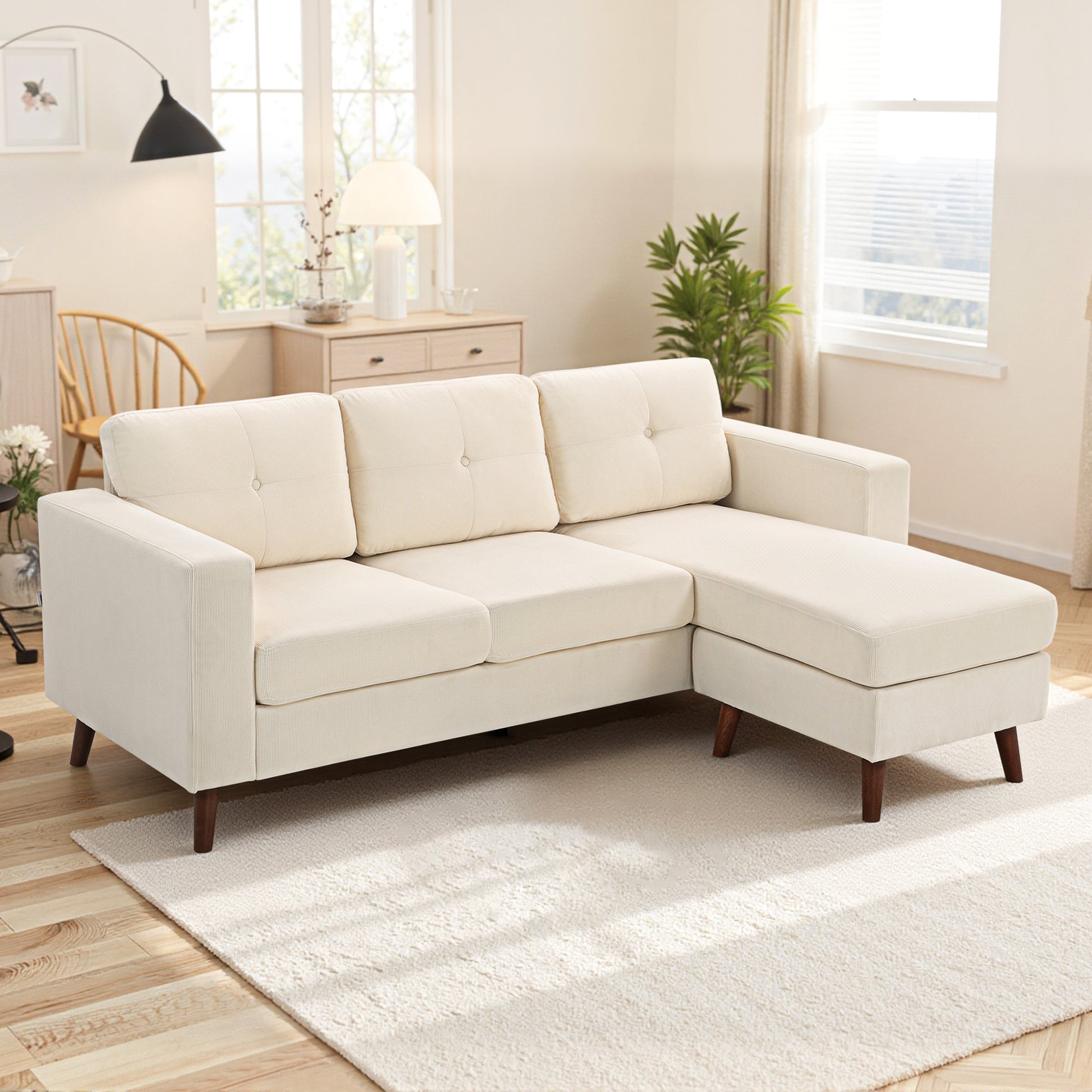 L-Shaped Sectional Sofa Convertible Chaise Cream-DECOROLALA