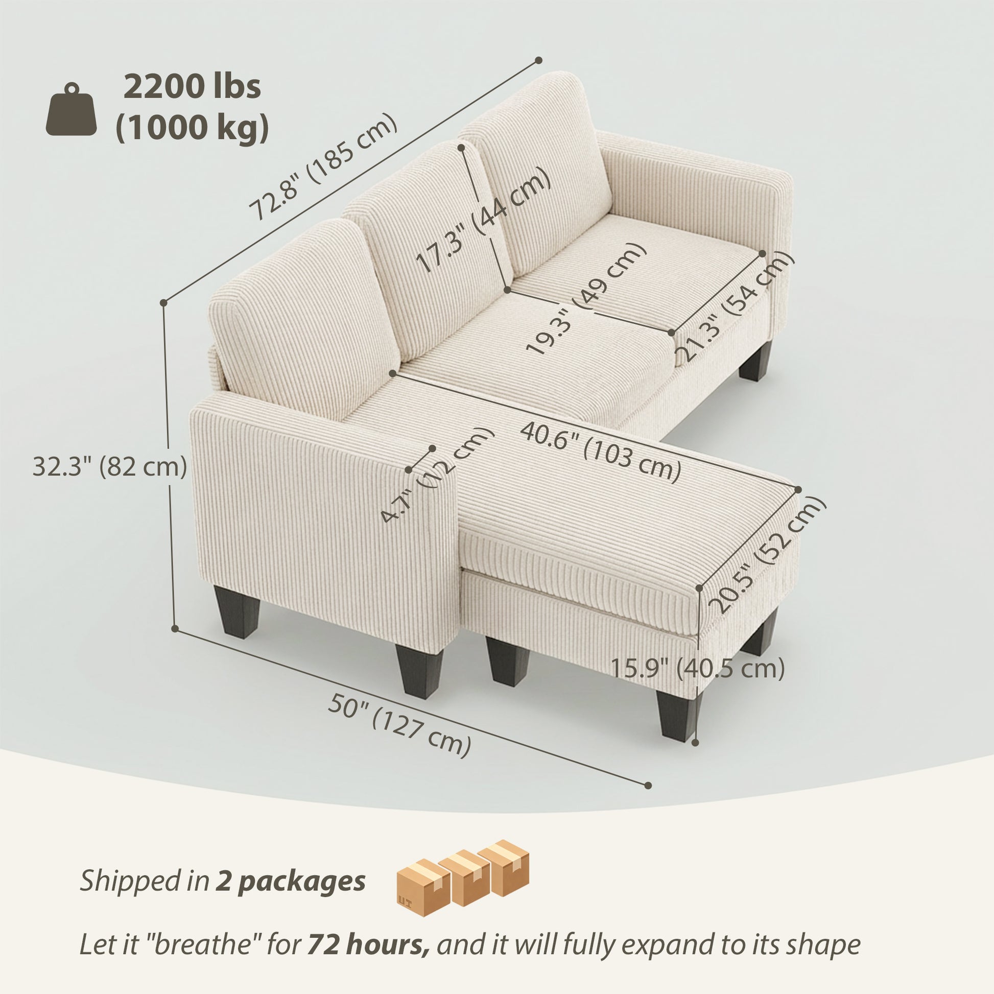 L Shaped Sectional Sofa Corduroy - Cream White-DECOROLALA