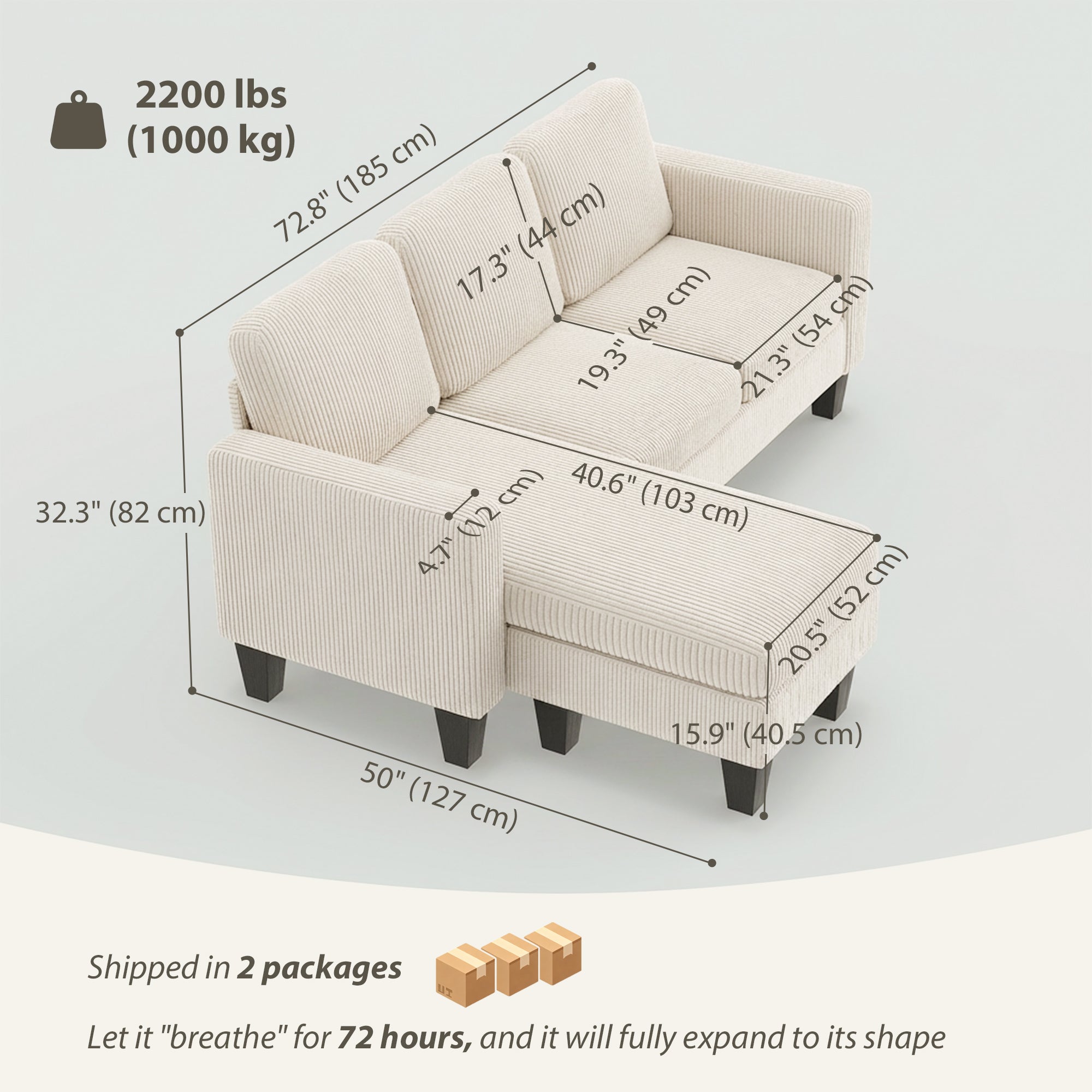 L Shaped Sectional Sofa Corduroy - Cream White-DECOROLALA