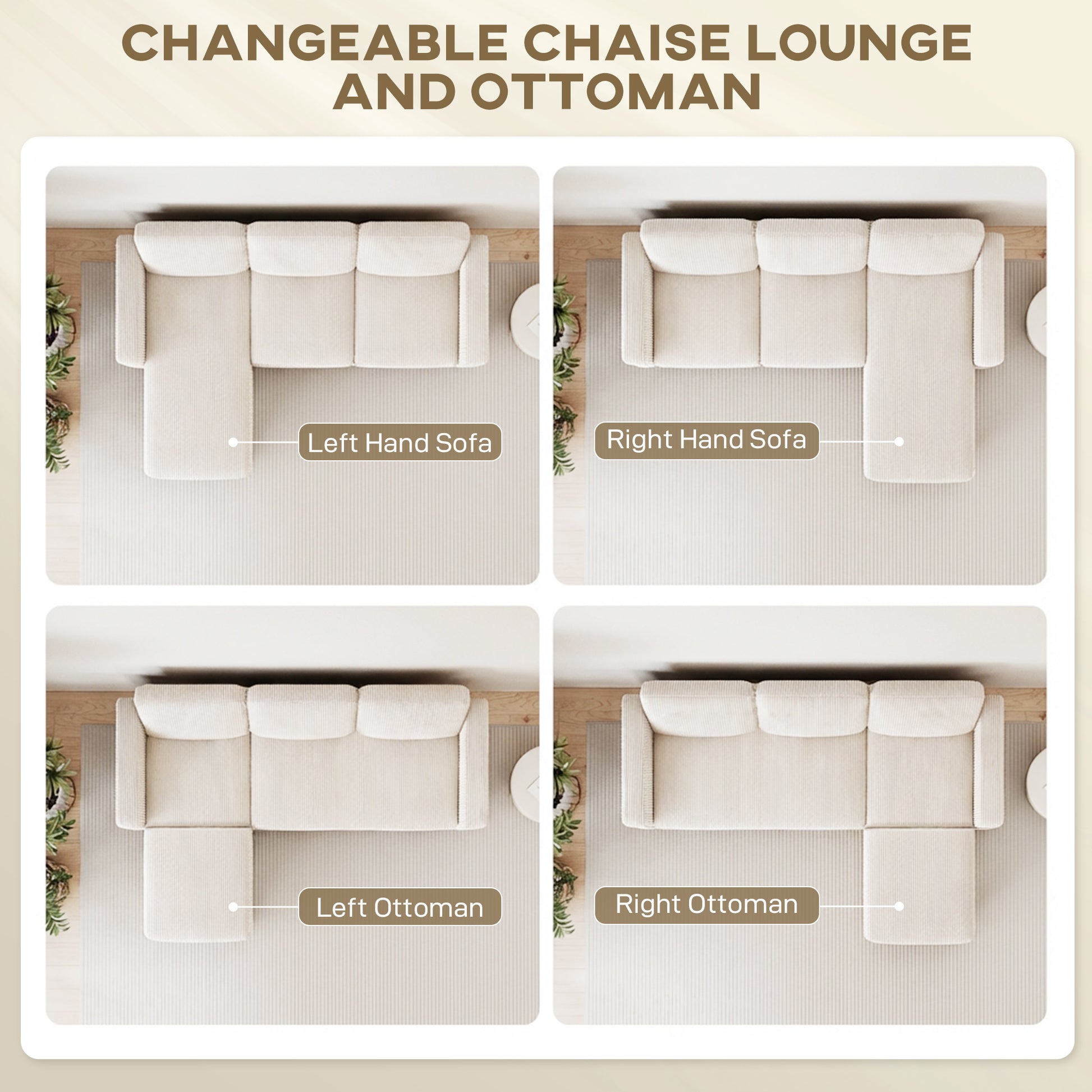 L Shaped Sectional Sofa Corduroy - Cream White-DECOROLALA