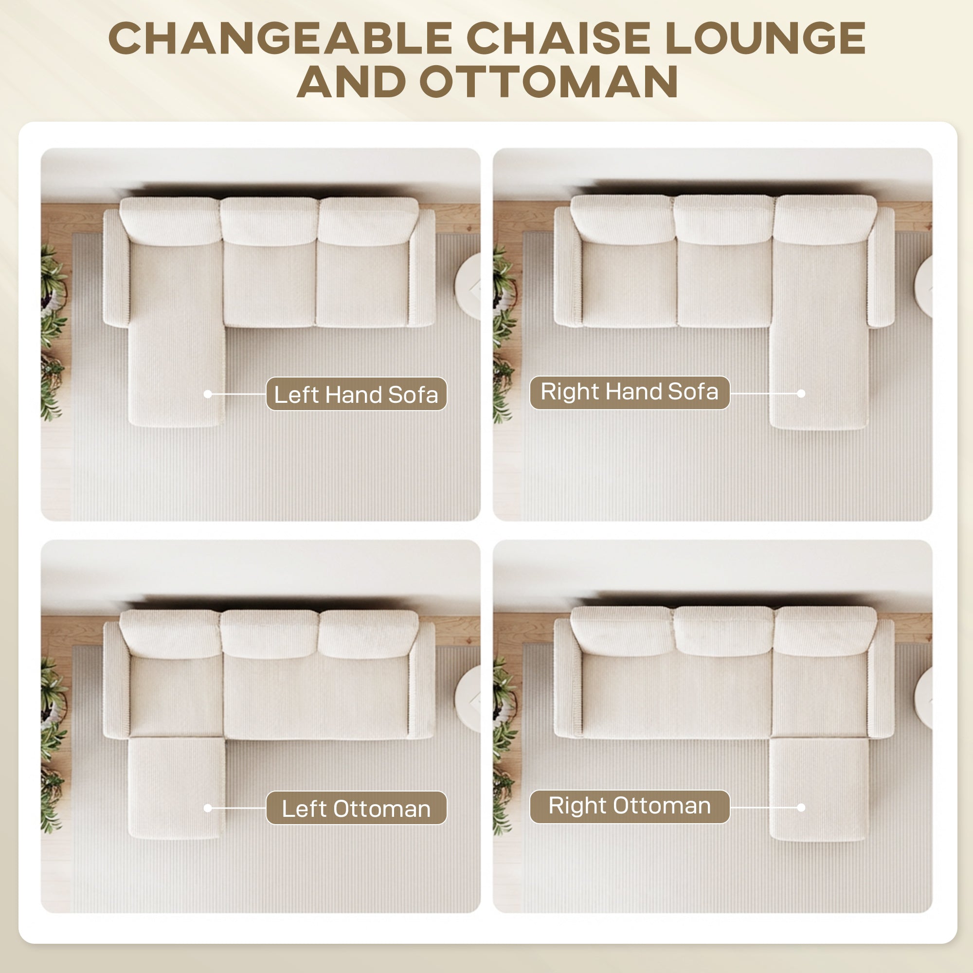 L Shaped Sectional Sofa Corduroy - Cream White-DECOROLALA