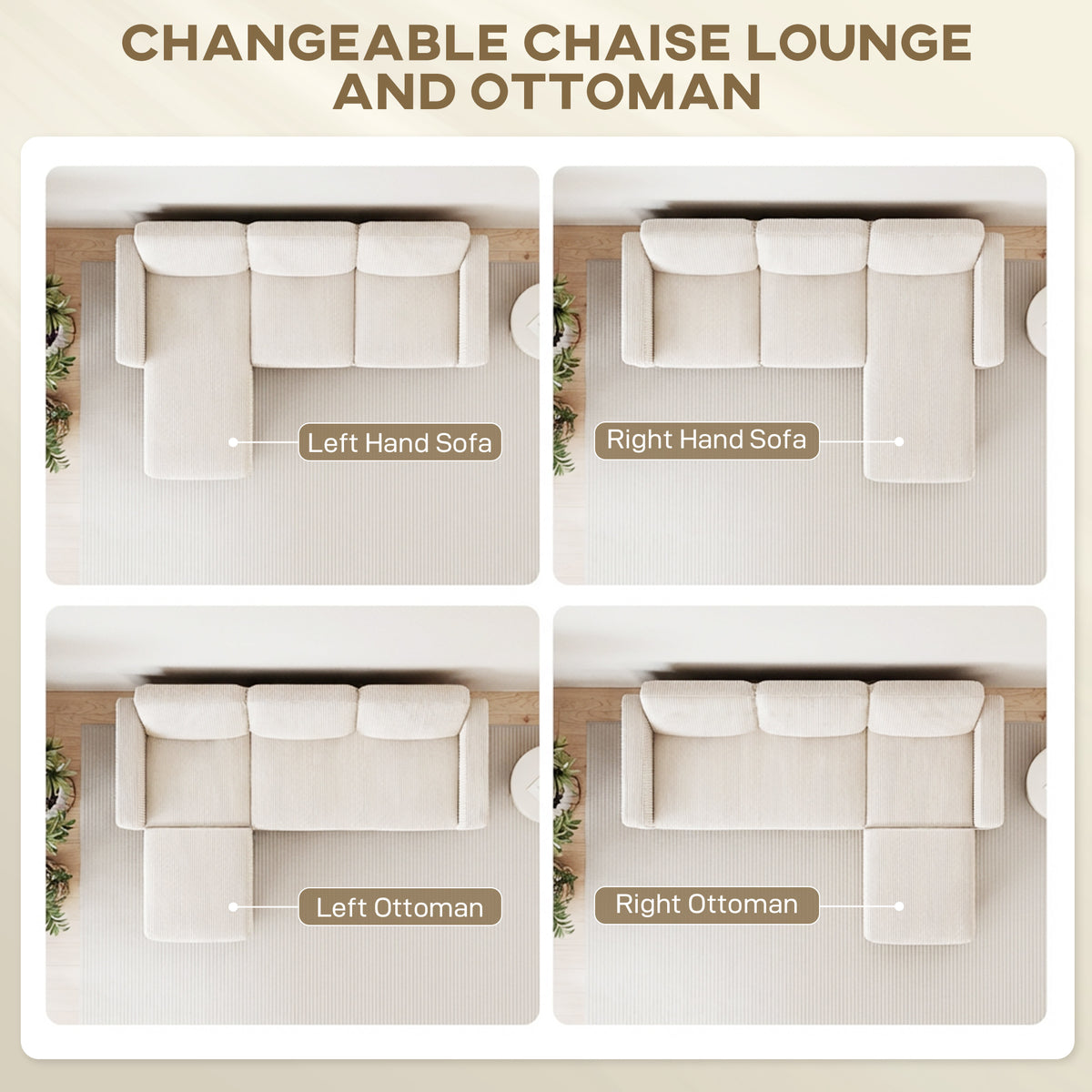 L Shaped Sectional Sofa Corduroy - Cream White-DECOROLALA