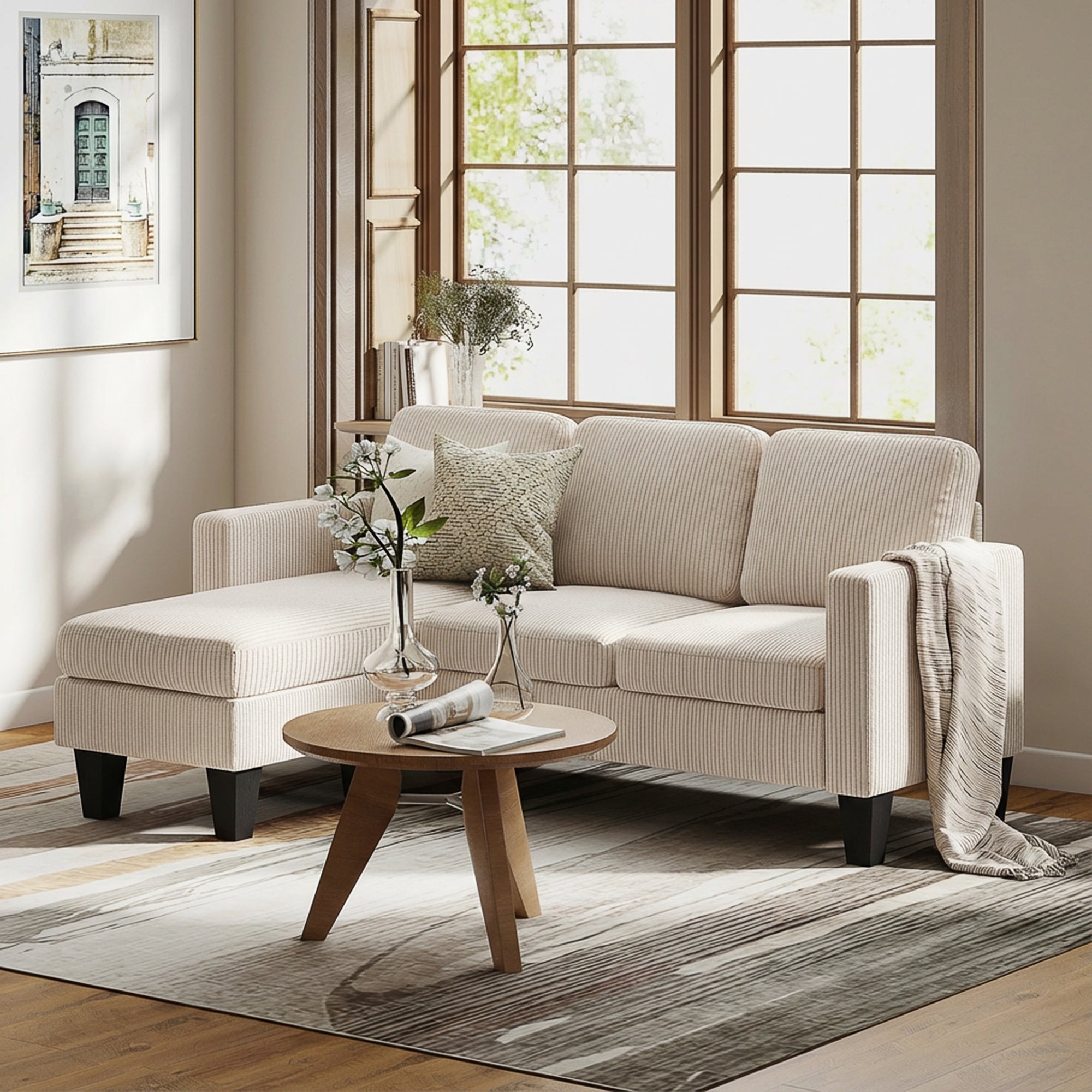 L Shaped Sectional Sofa Corduroy - Cream White-DECOROLALA