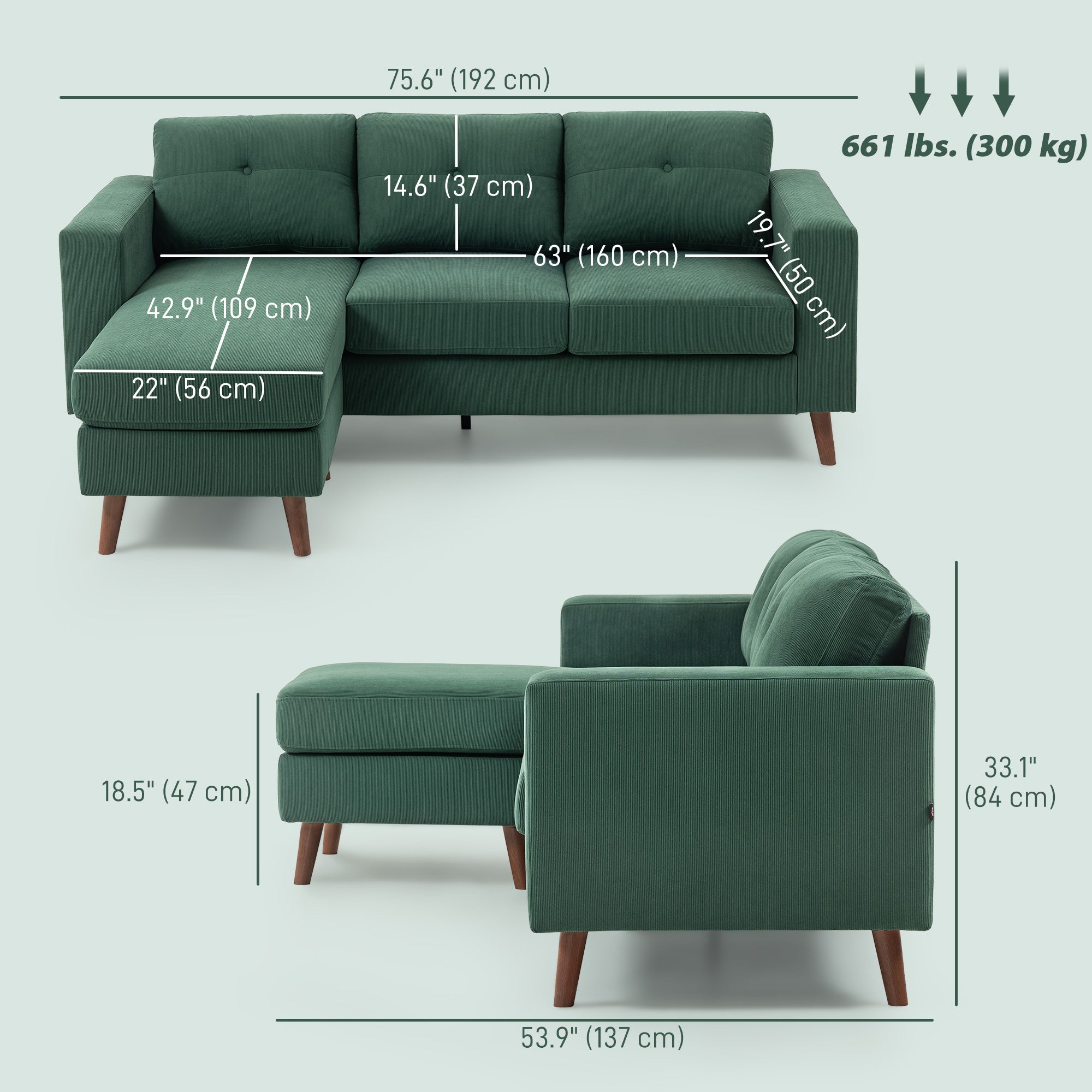 L-Shaped Sectional Sofa - Dark Green Corduroy-DECOROLALA