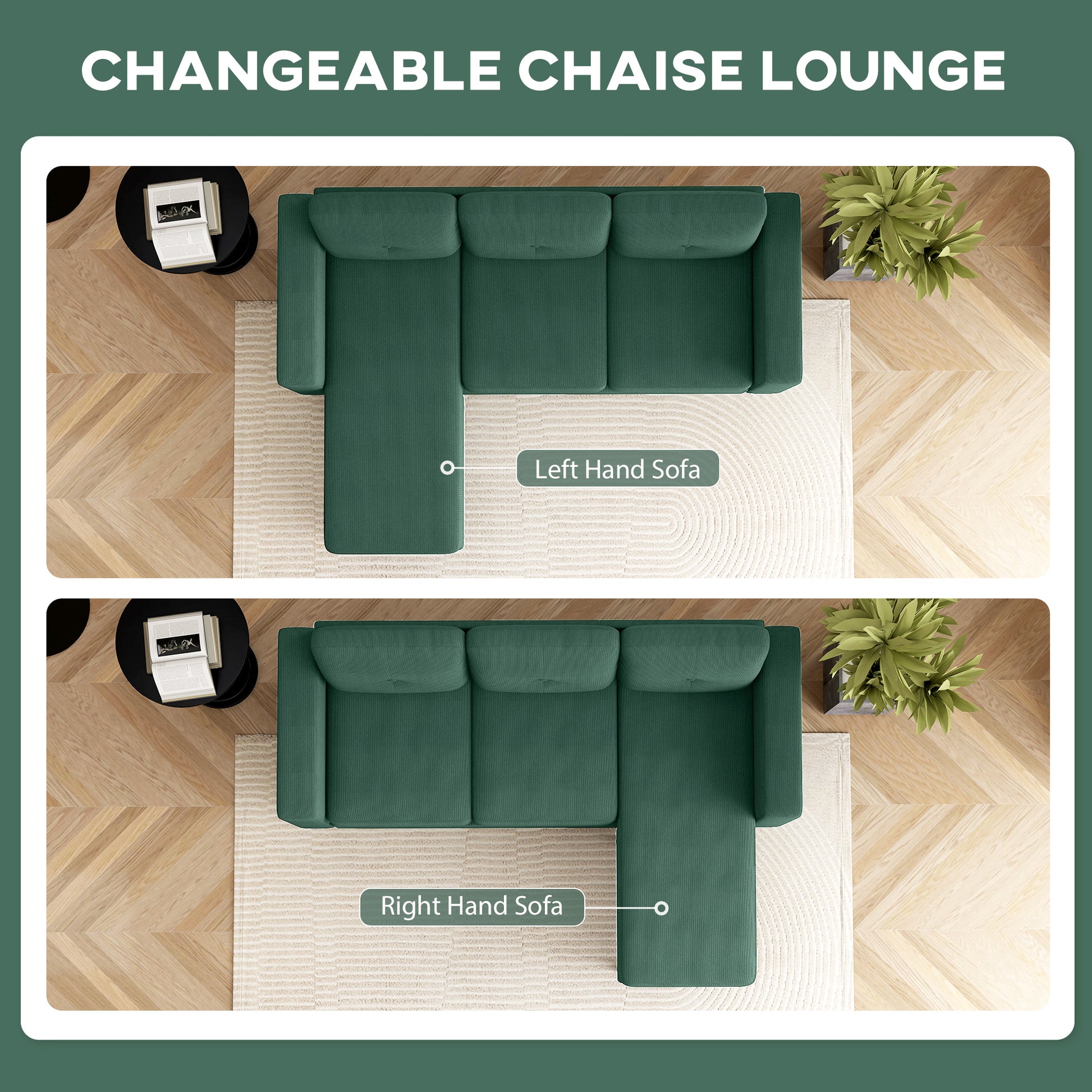 L-Shaped Sectional Sofa - Dark Green Corduroy-DECOROLALA