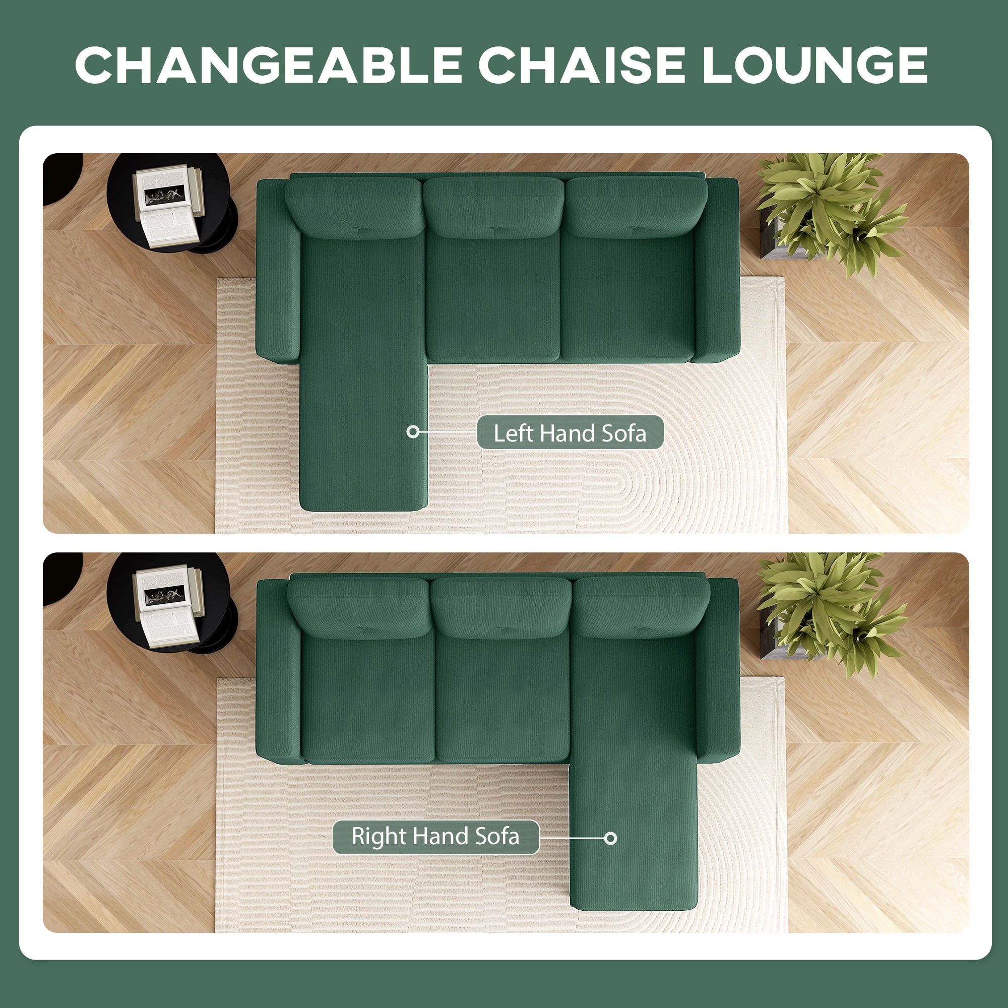 L-Shaped Sectional Sofa - Dark Green Corduroy-DECOROLALA
