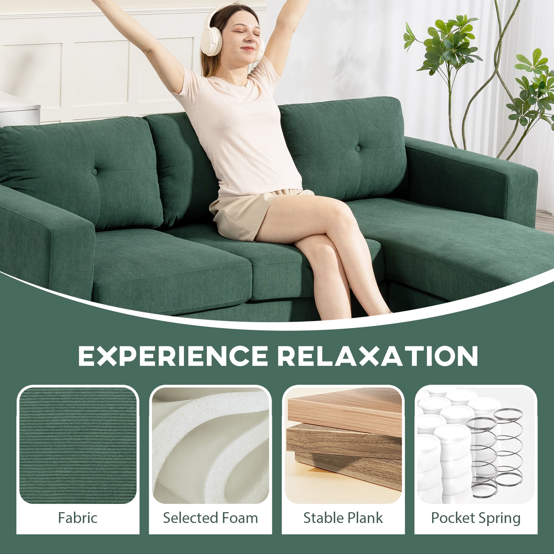 L-Shaped Sectional Sofa - Dark Green Corduroy-DECOROLALA