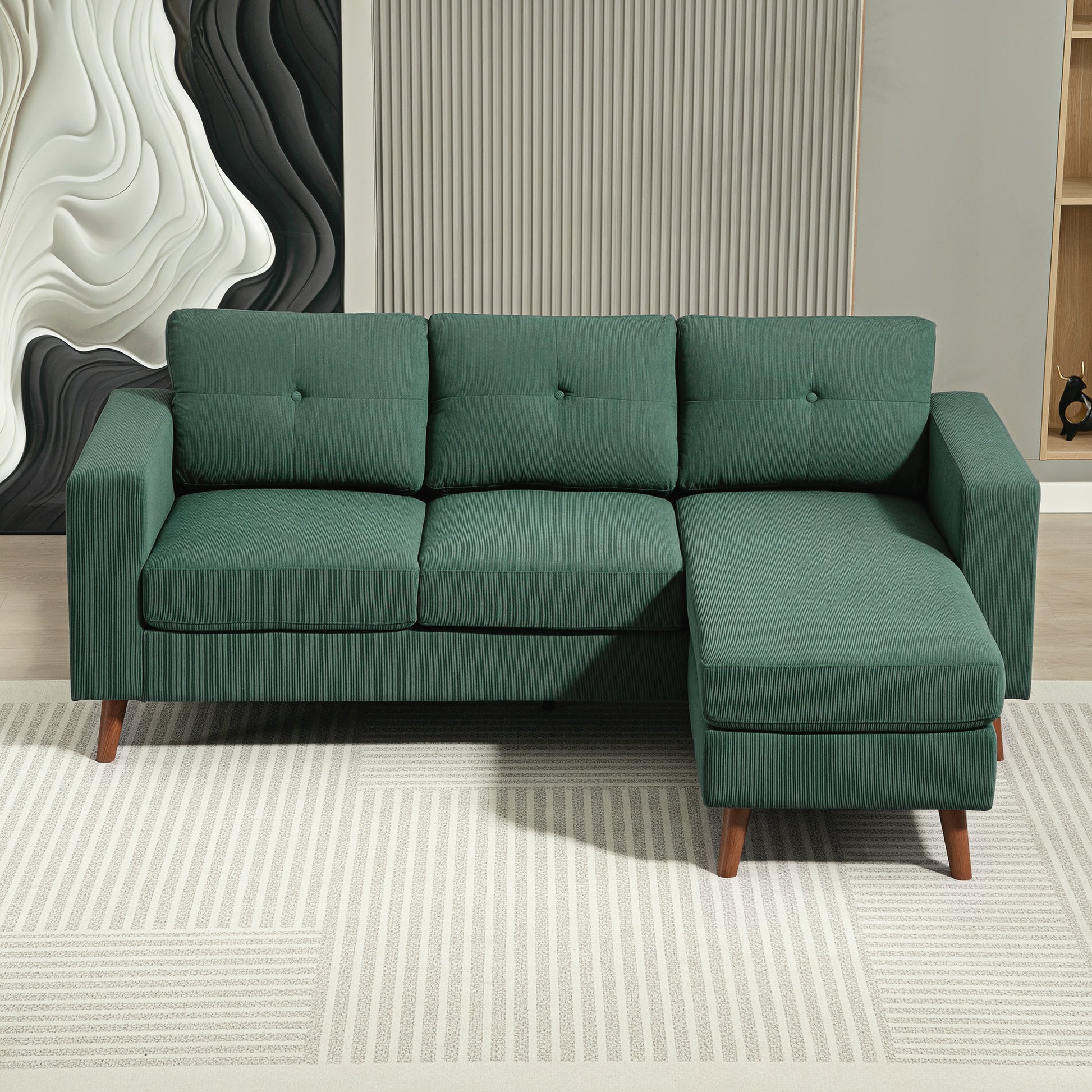 L-Shaped Sectional Sofa - Dark Green Corduroy-DECOROLALA
