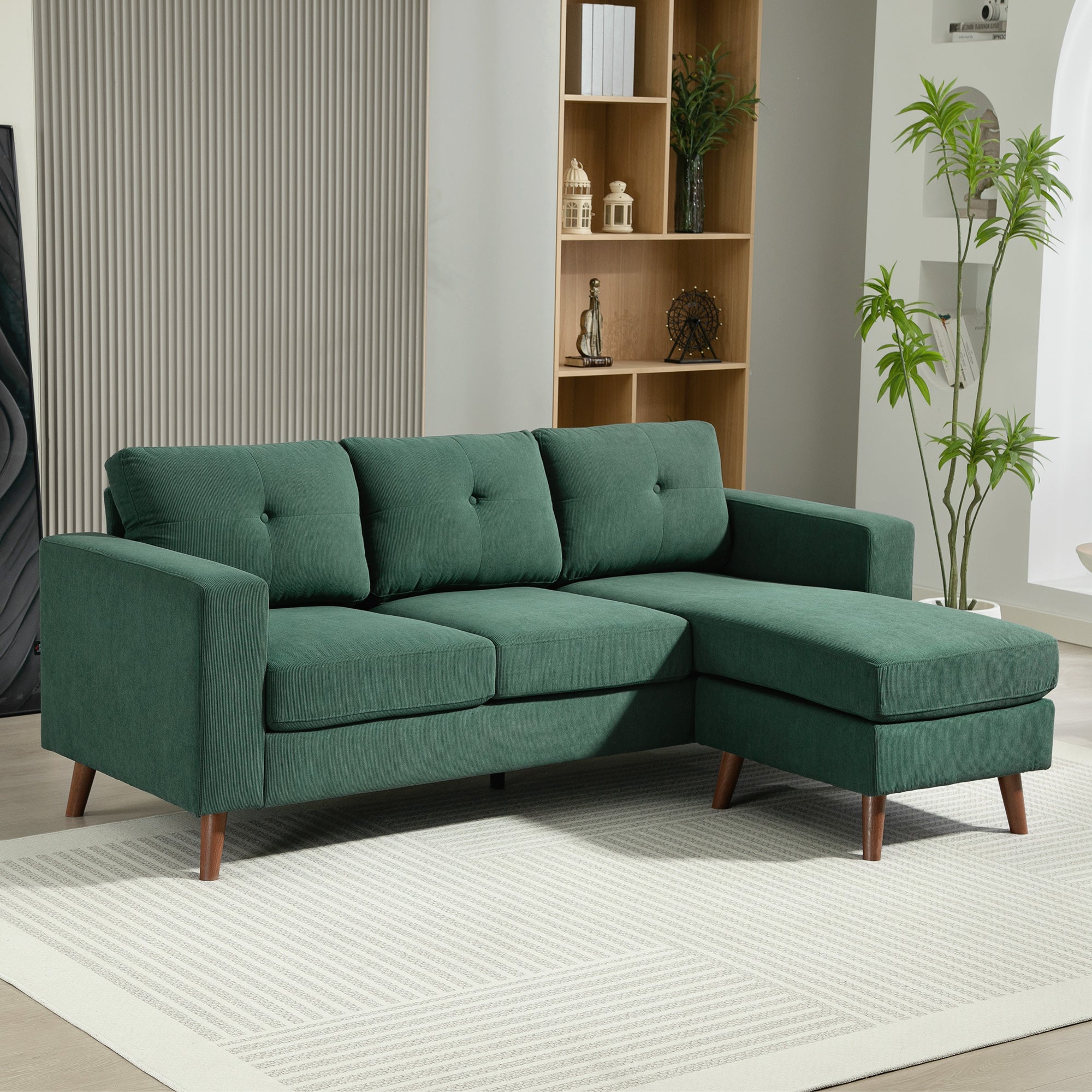 L-Shaped Sectional Sofa - Dark Green Corduroy-DECOROLALA