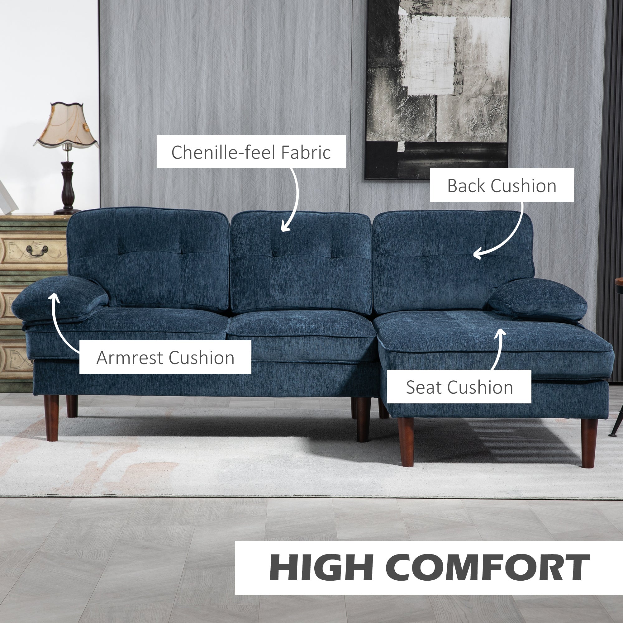 L-Shaped Sectional Sofa Right Chaise Navy Blue-DECOROLALA