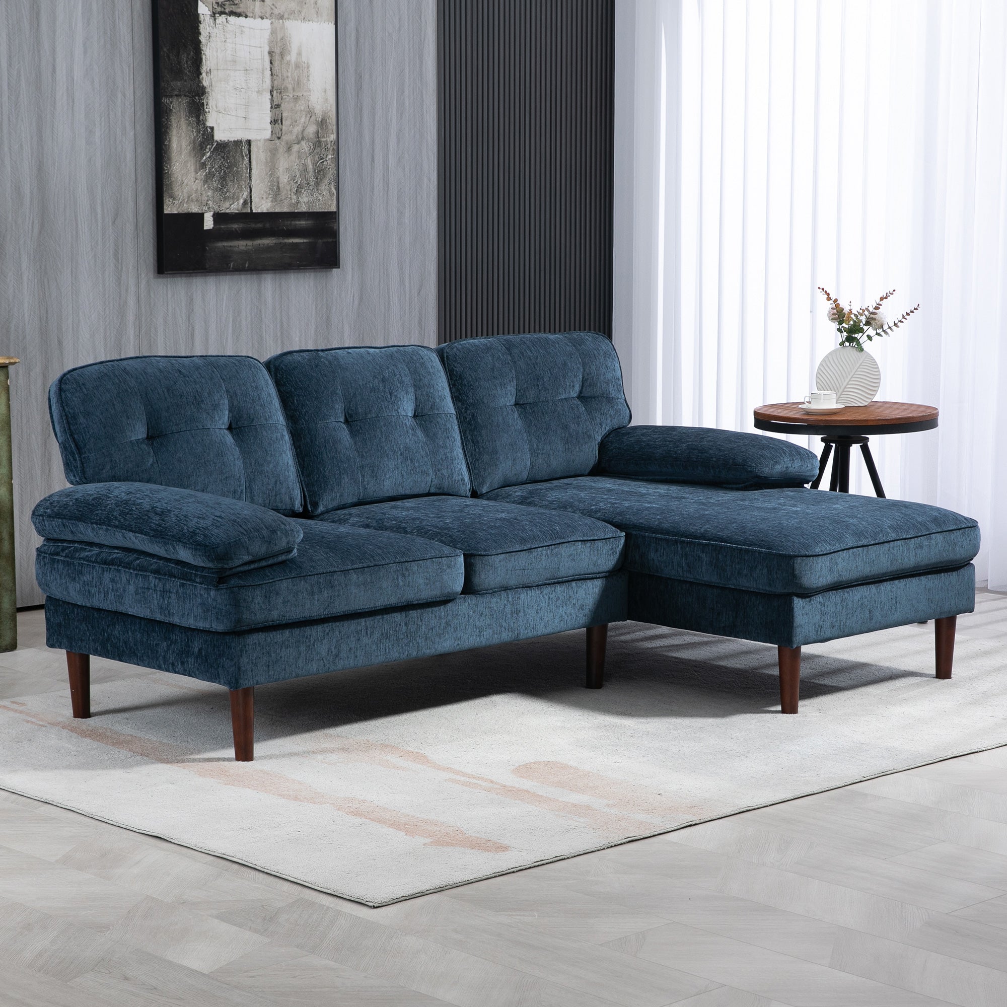 L-Shaped Sectional Sofa Right Chaise Navy Blue-DECOROLALA