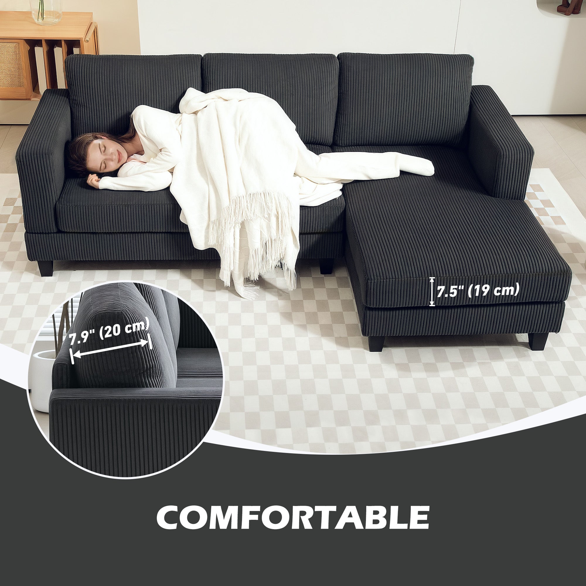 L Shaped Sofa, Grey Chaise Couch with Spring Cushion for Living Room, Bedroom-DECOROLALA