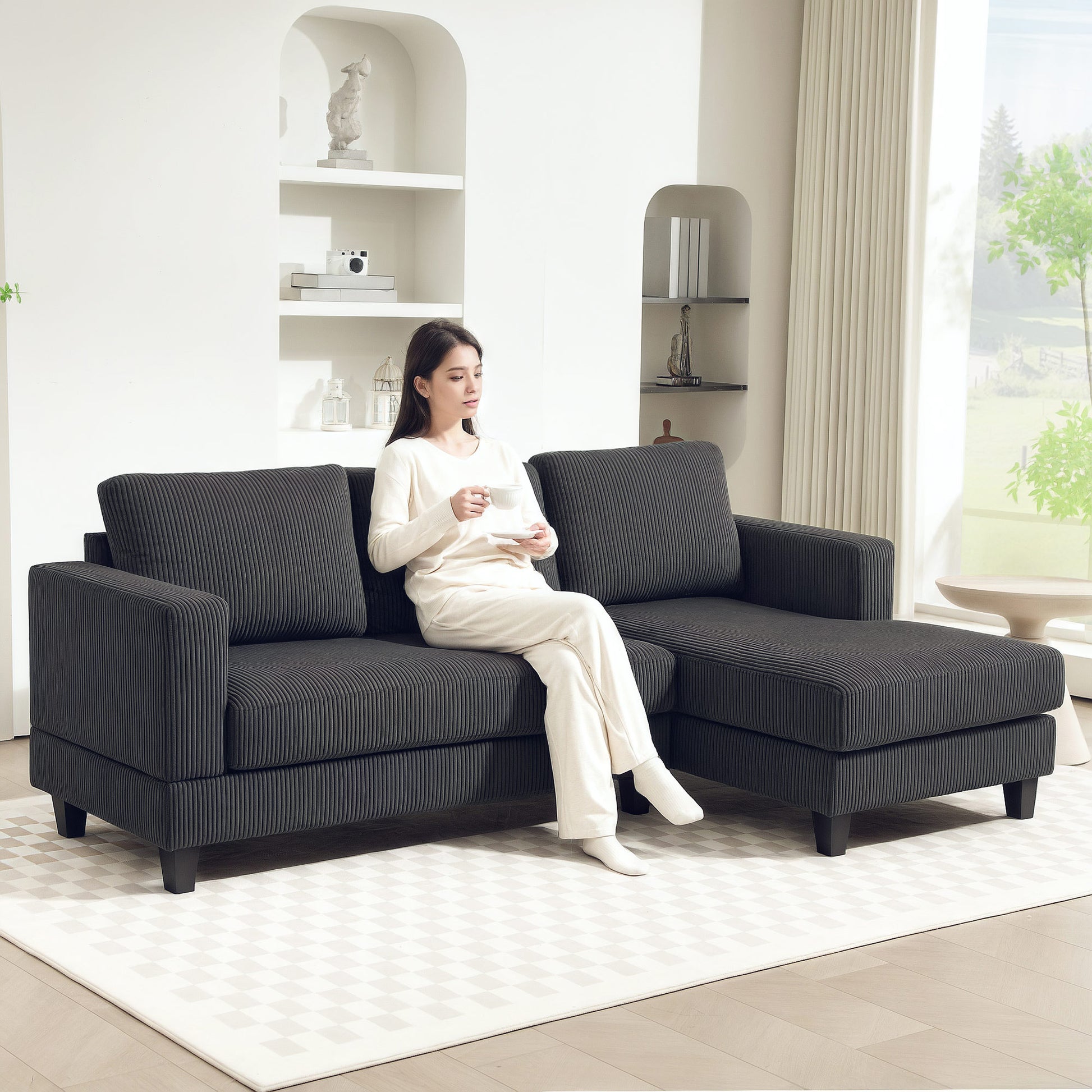 L Shaped Sofa, Grey Chaise Couch with Spring Cushion for Living Room, Bedroom-DECOROLALA