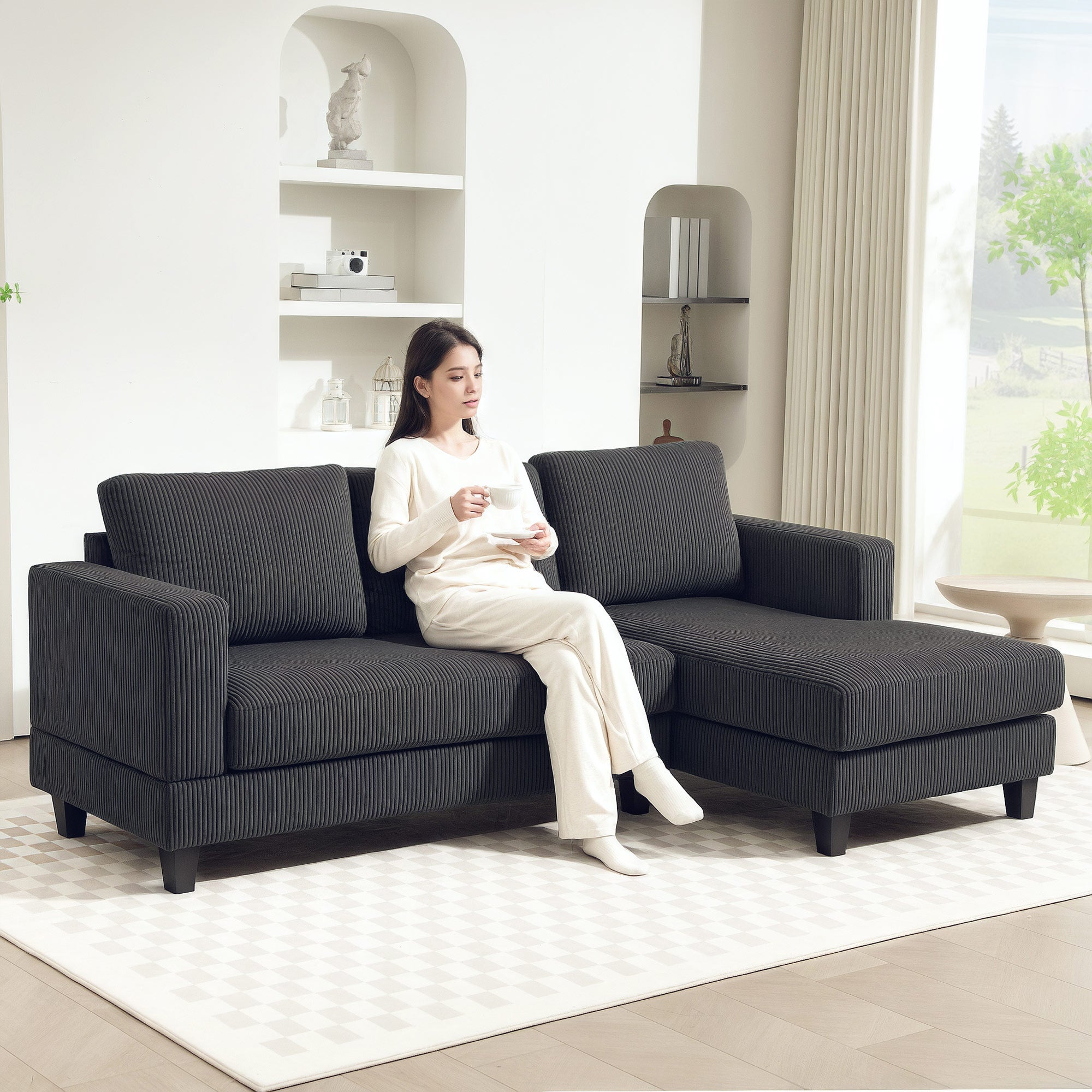 L Shaped Sofa, Grey Chaise Couch with Spring Cushion for Living Room, Bedroom-DECOROLALA