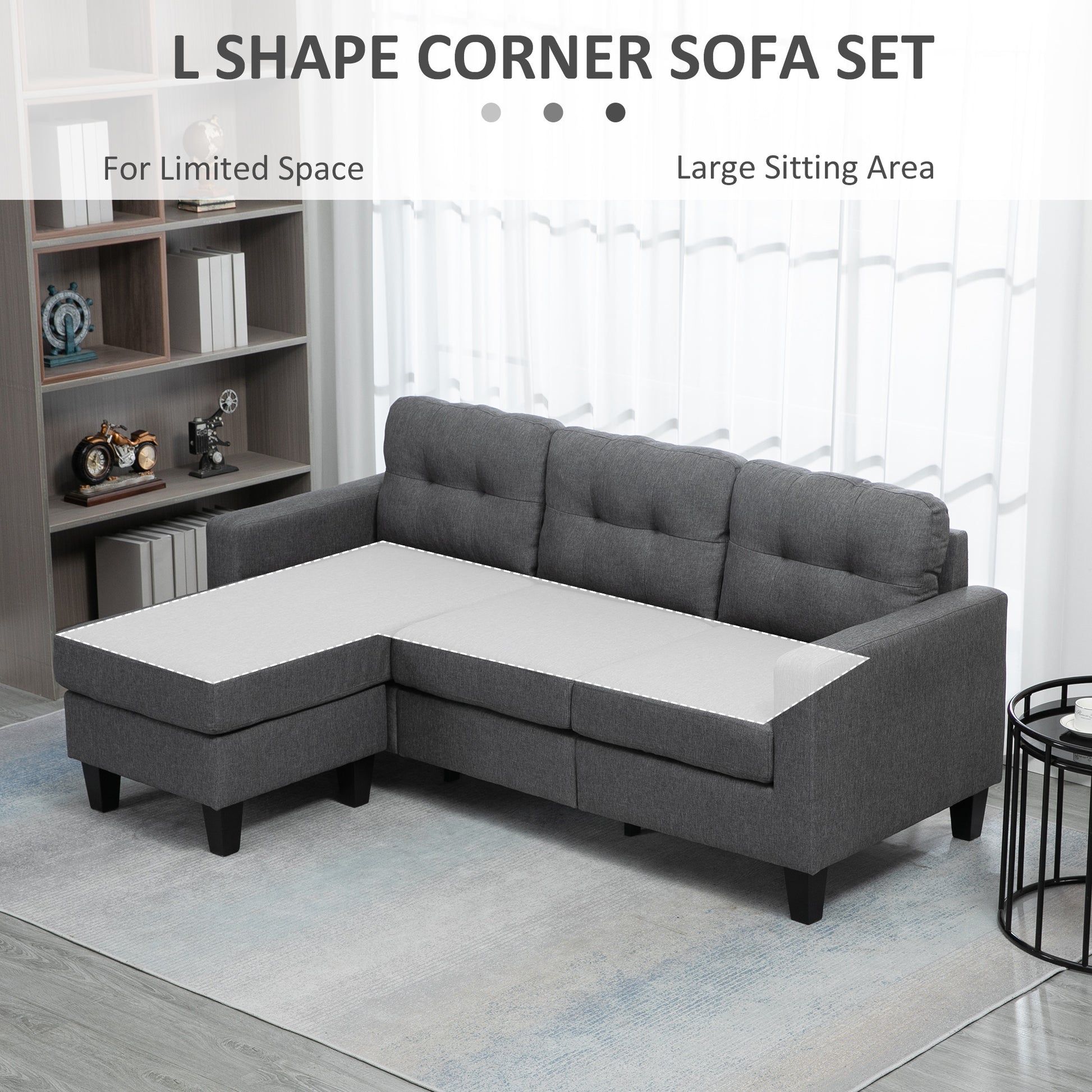 L-Shaped Sofa with Ottoman - Dark Grey 3 Seater-DECOROLALA