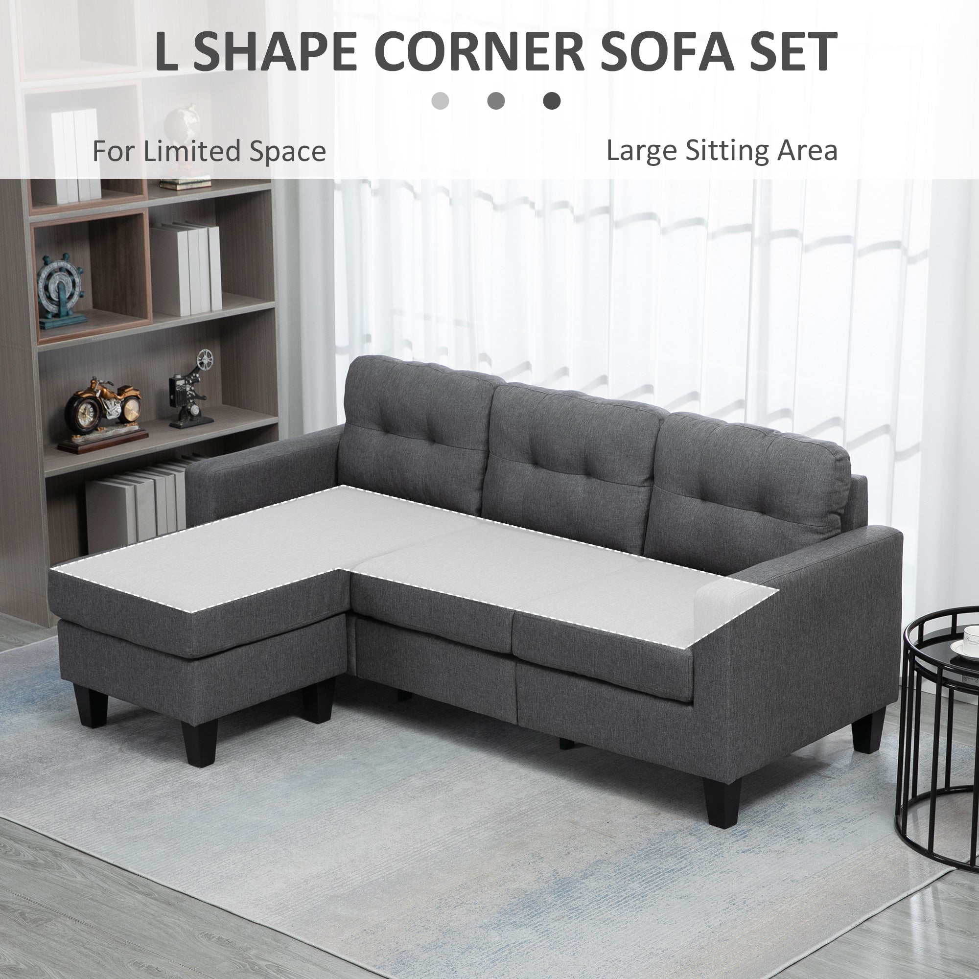 L-Shaped Sofa with Ottoman - Dark Grey 3 Seater-DECOROLALA