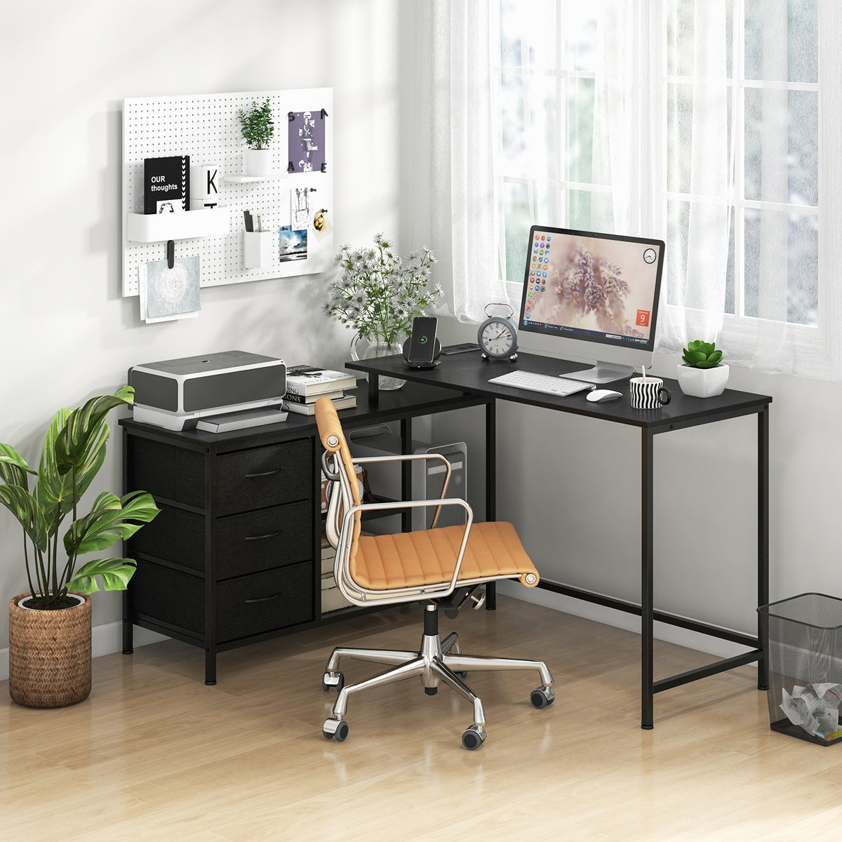 L-shaped Computer Desk with Power Outlet for Working Studying Gaming-Black-L-Shaped Desks-DECOROLALA