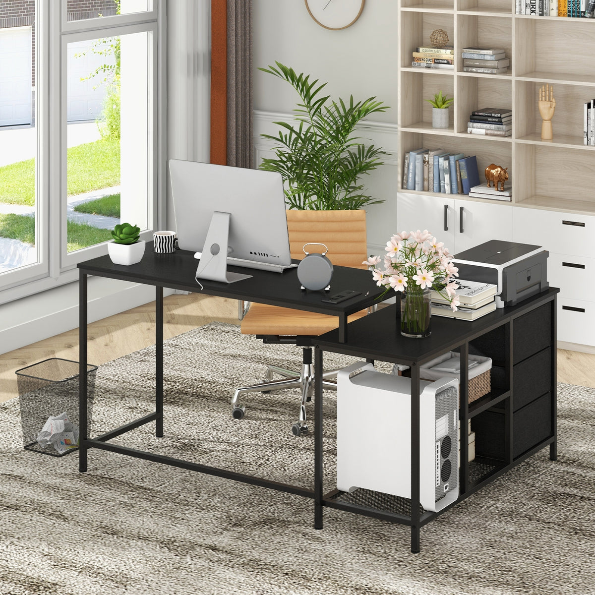 L-shaped Computer Desk with Power Outlet for Working Studying Gaming-Black-L-Shaped Desks-DECOROLALA