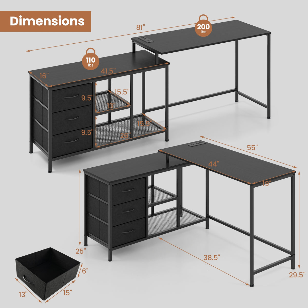 L-shaped Computer Desk with Power Outlet for Working Studying Gaming-Black-L-Shaped Desks-DECOROLALA