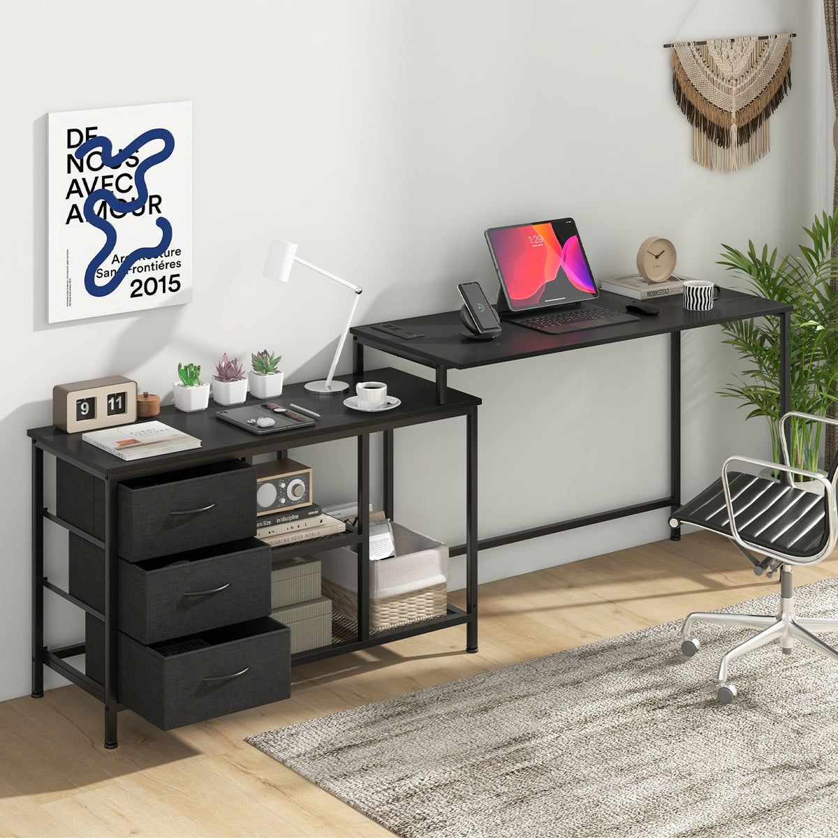 L-shaped Computer Desk with Power Outlet for Working Studying Gaming-Black-L-Shaped Desks-DECOROLALA