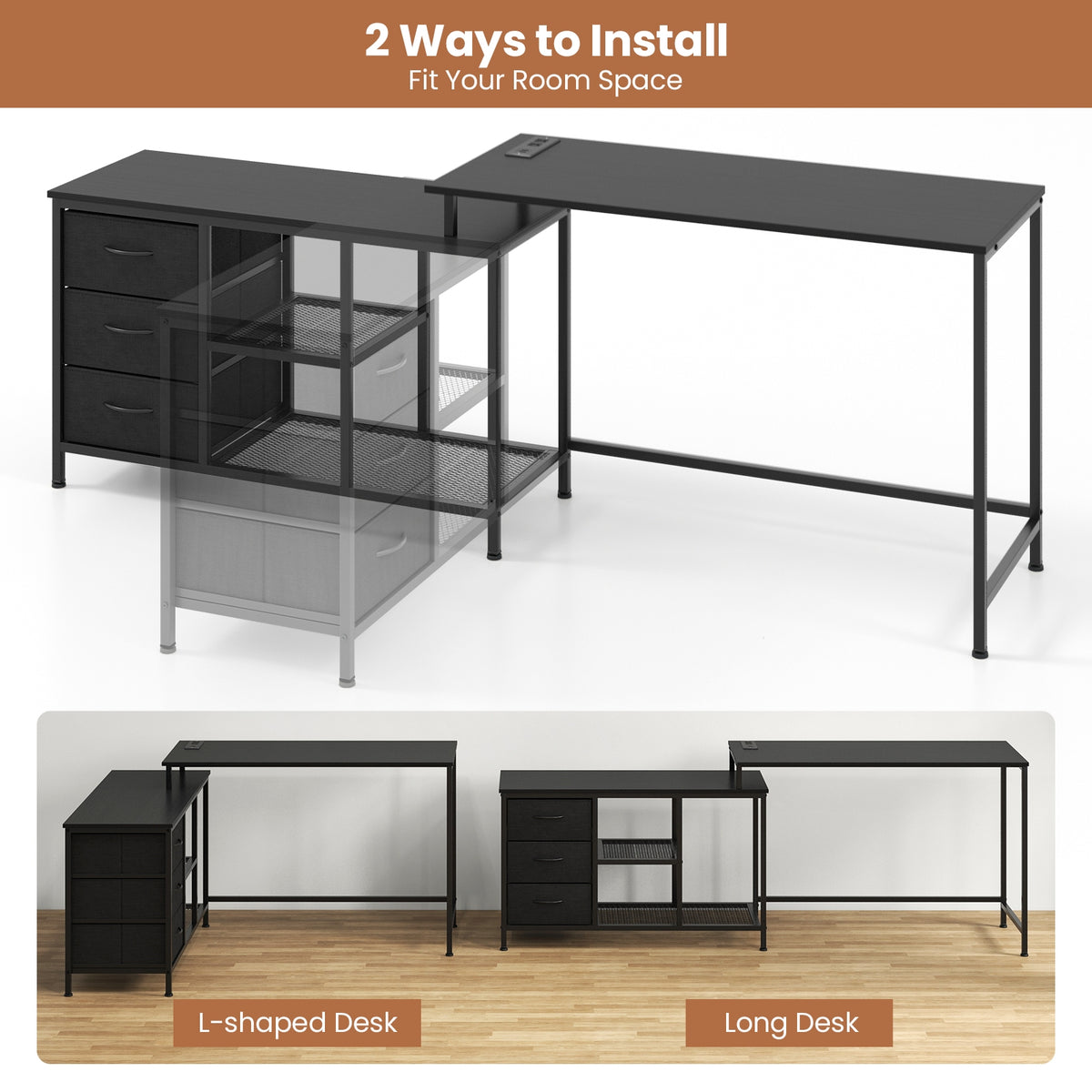 L-shaped Computer Desk with Power Outlet for Working Studying Gaming-Black-L-Shaped Desks-DECOROLALA
