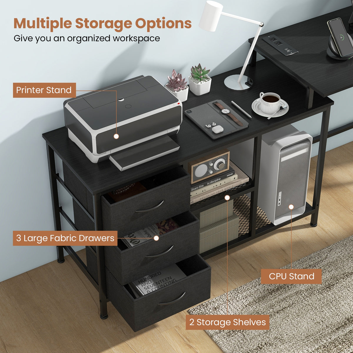 L-shaped Computer Desk with Power Outlet for Working Studying Gaming-Black-L-Shaped Desks-DECOROLALA