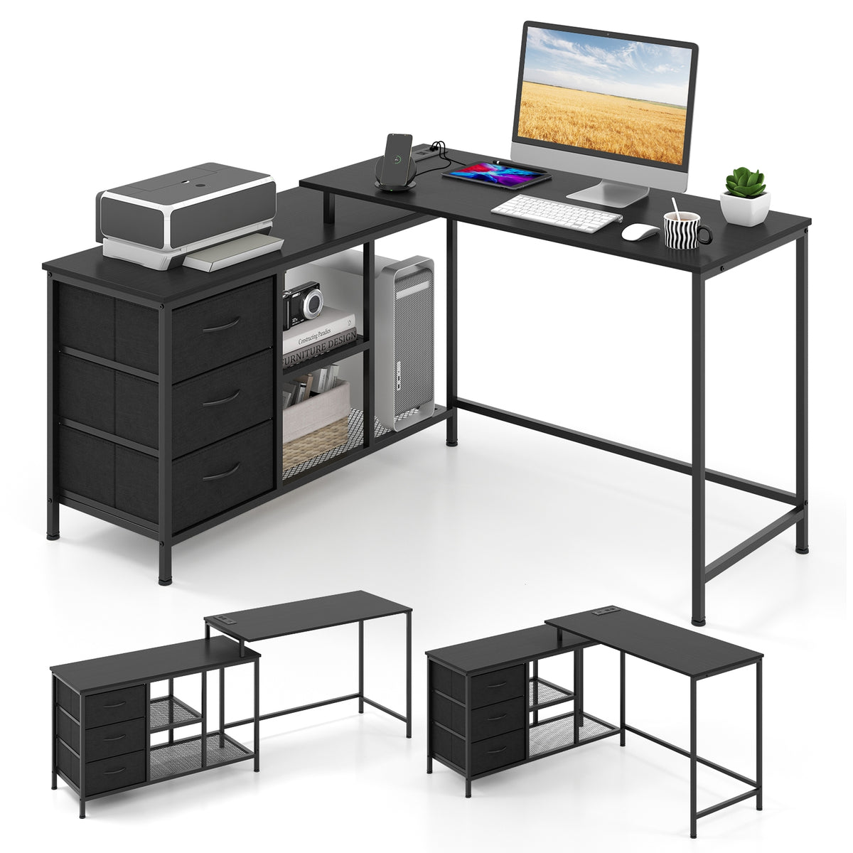 L-shaped Computer Desk with Power Outlet for Working Studying Gaming-Black-L-Shaped Desks-DECOROLALA