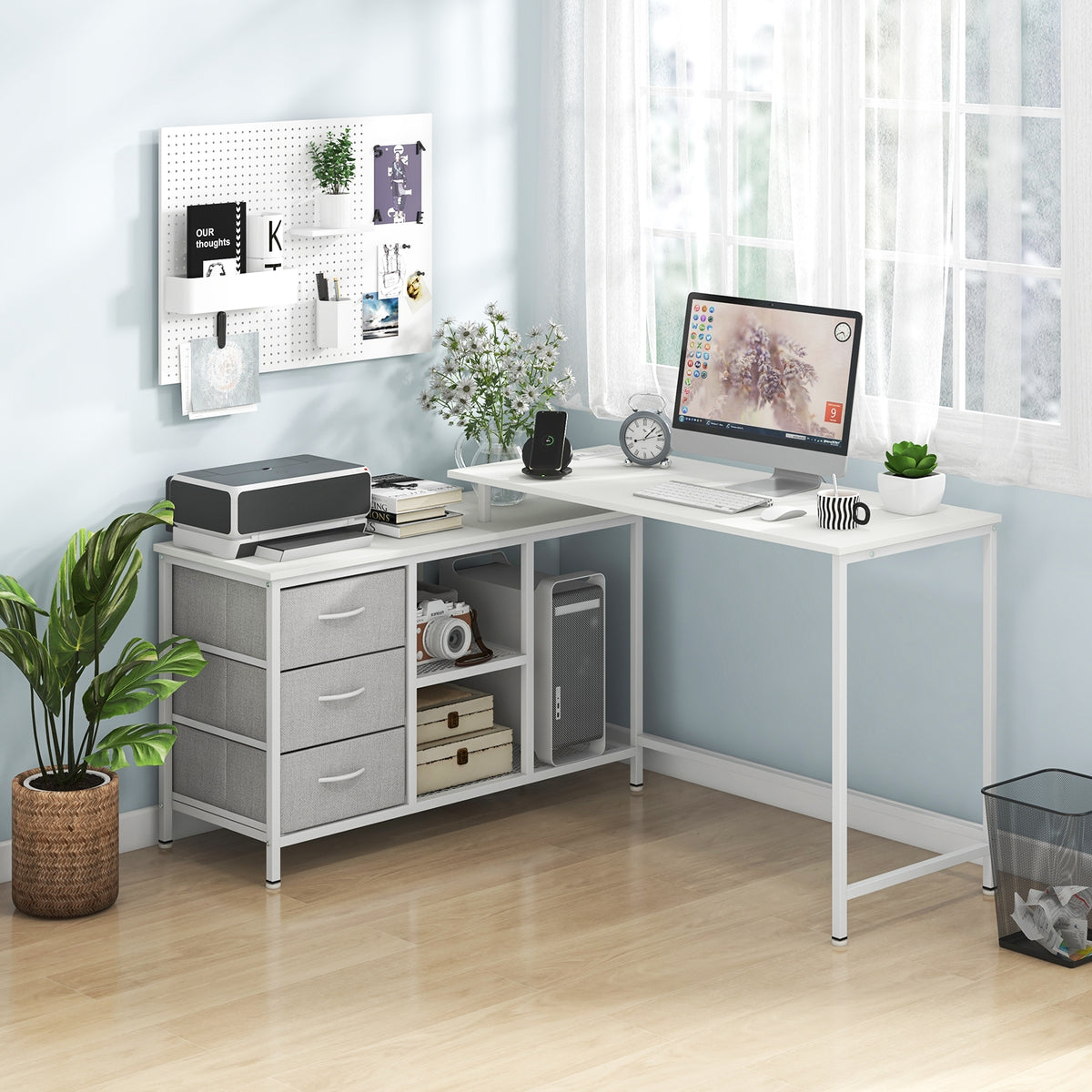 L-shaped Computer Desk with Power Outlet for Working Studying Gaming-White-L-Shaped Desks-DECOROLALA