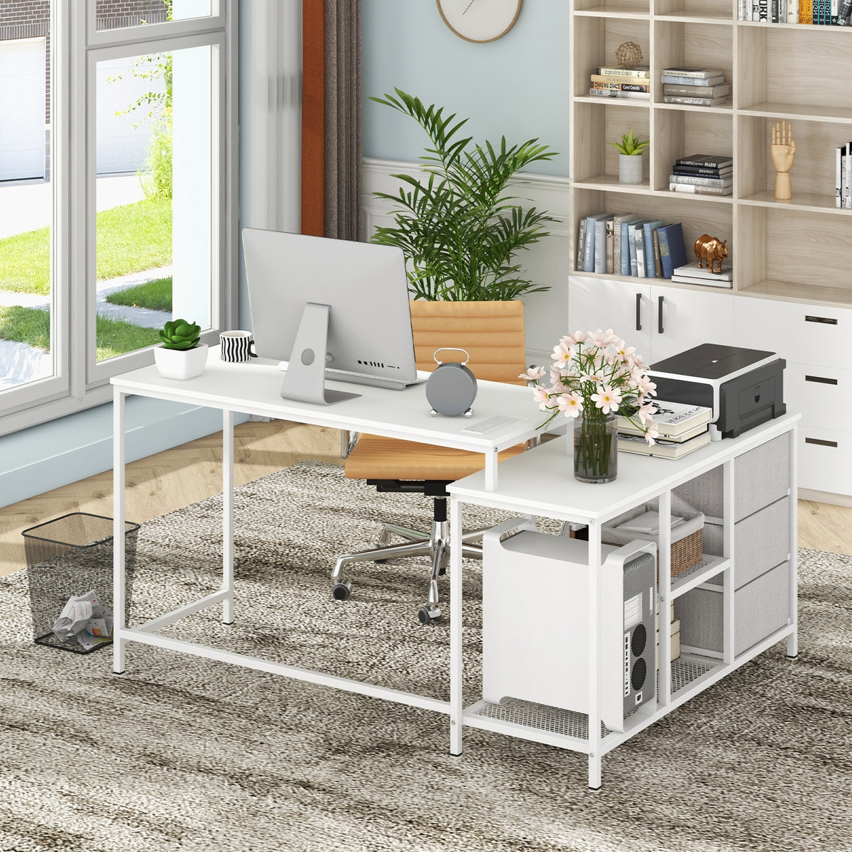 L-shaped Computer Desk with Power Outlet for Working Studying Gaming-White-L-Shaped Desks-DECOROLALA